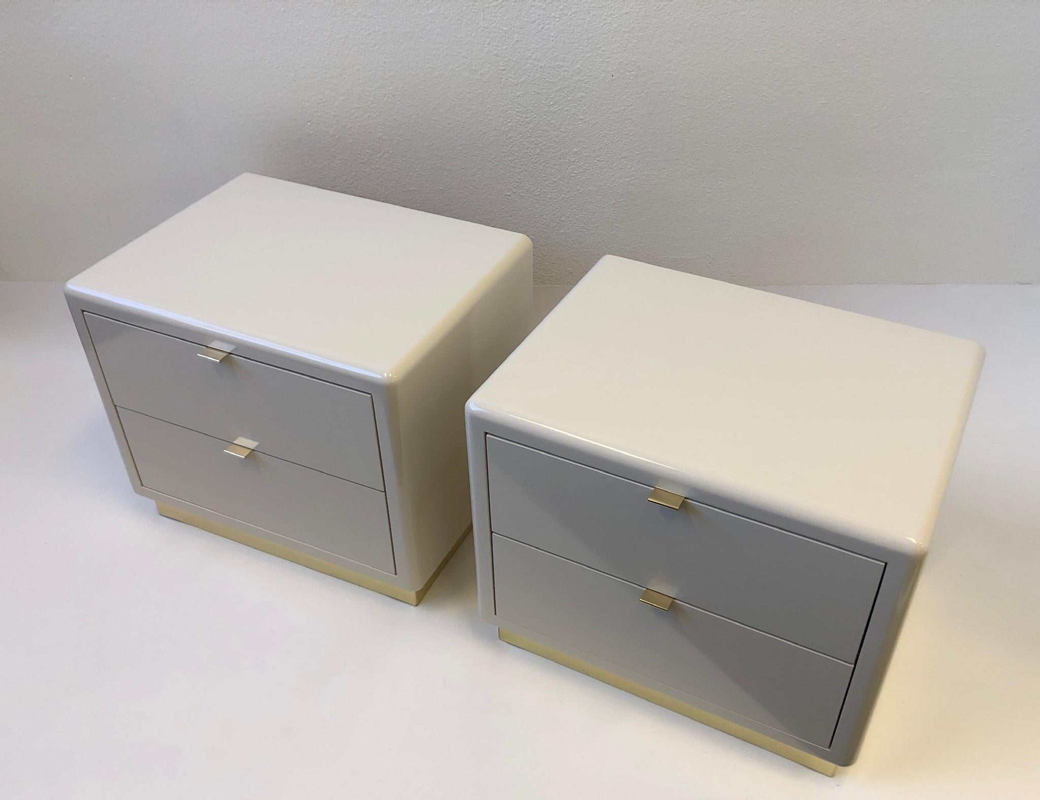 Pair of off White Lacquered and Brass Nightstands by Steve Chase 2