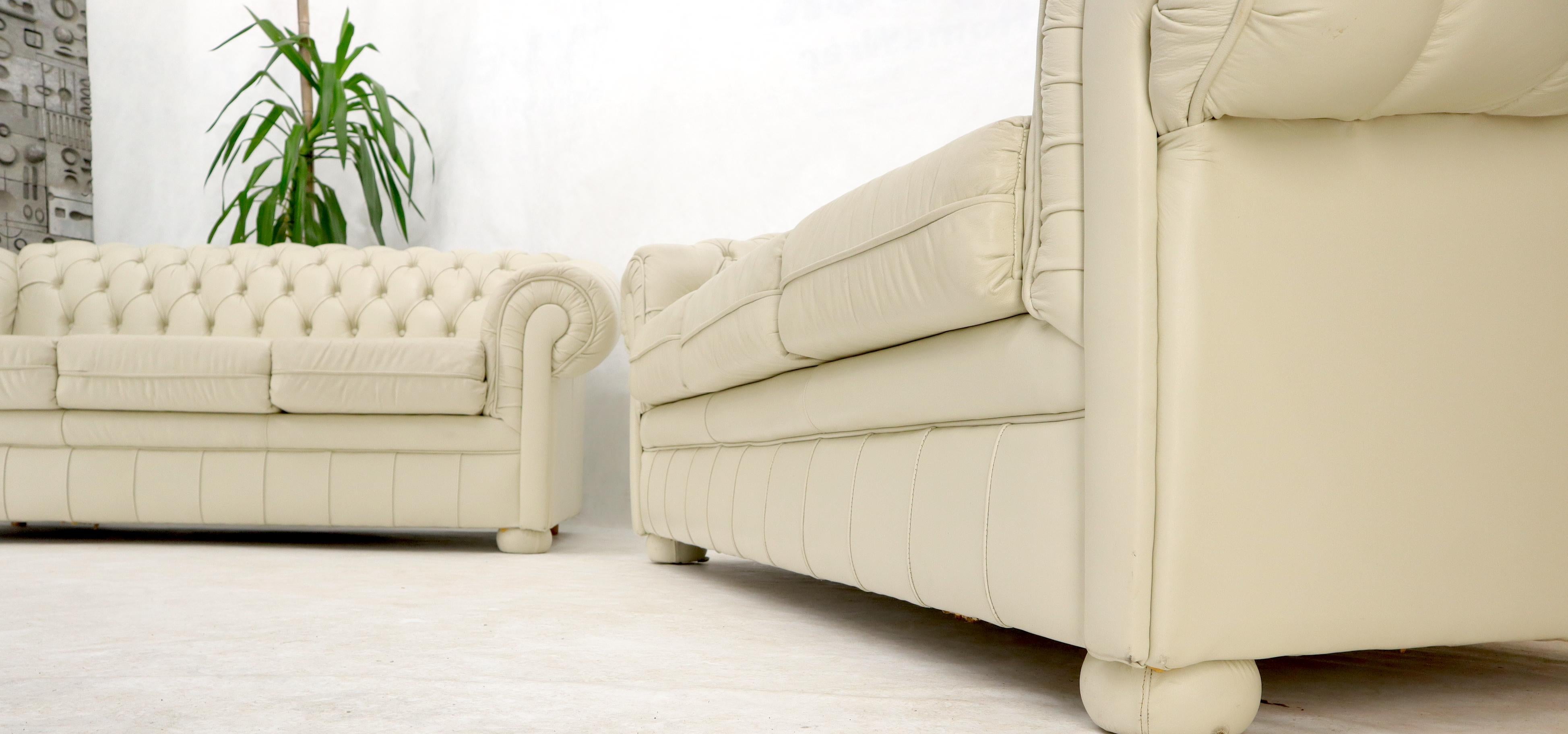 Pair of Off-White Leather Upholstery Tufted Chesterfield Sofas Couches 4