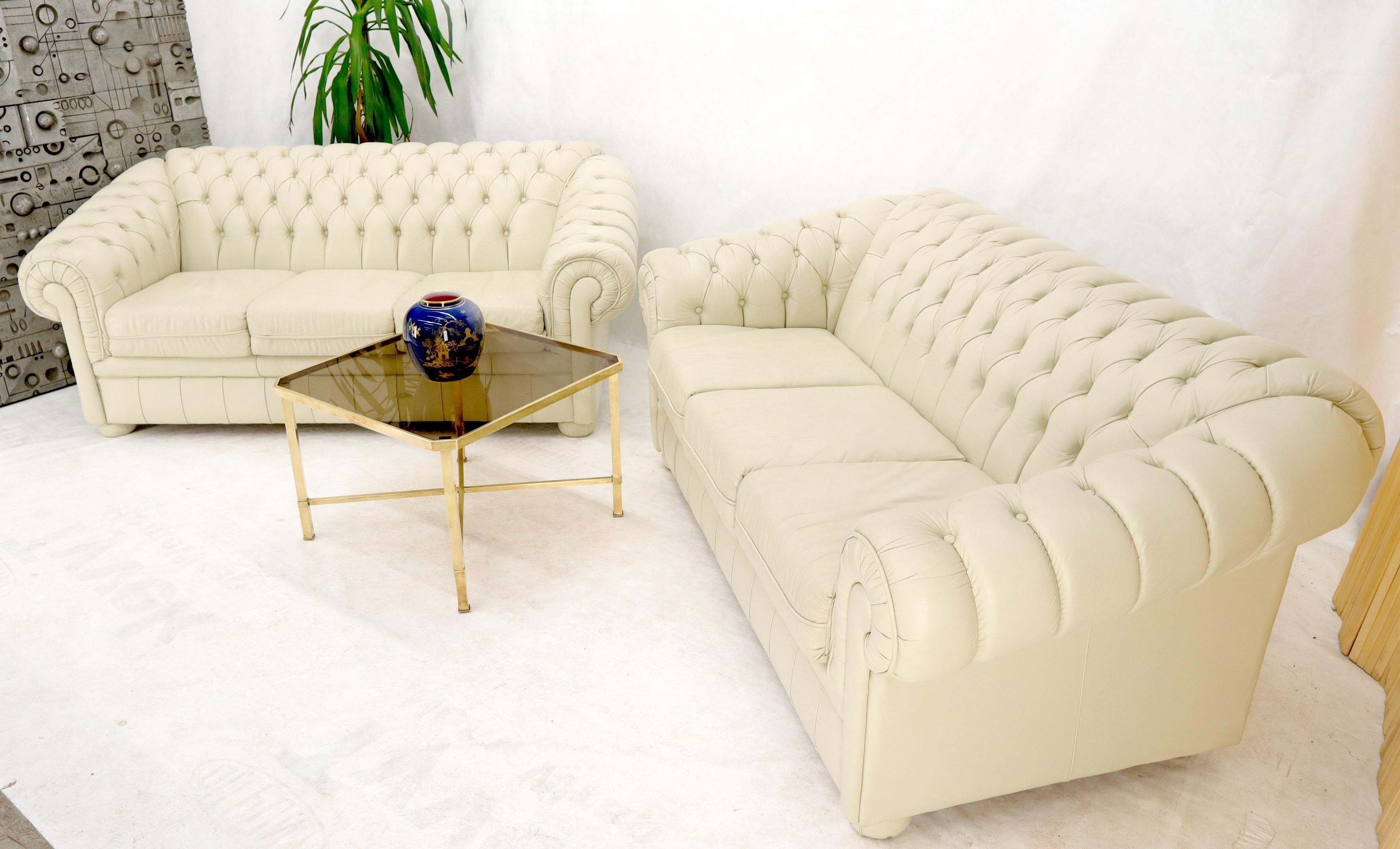Pair of Off-White Leather Upholstery Tufted Chesterfield Sofas Couches 6