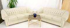 Pair of Off-White Leather Upholstery Tufted Chesterfield Sofas Couches