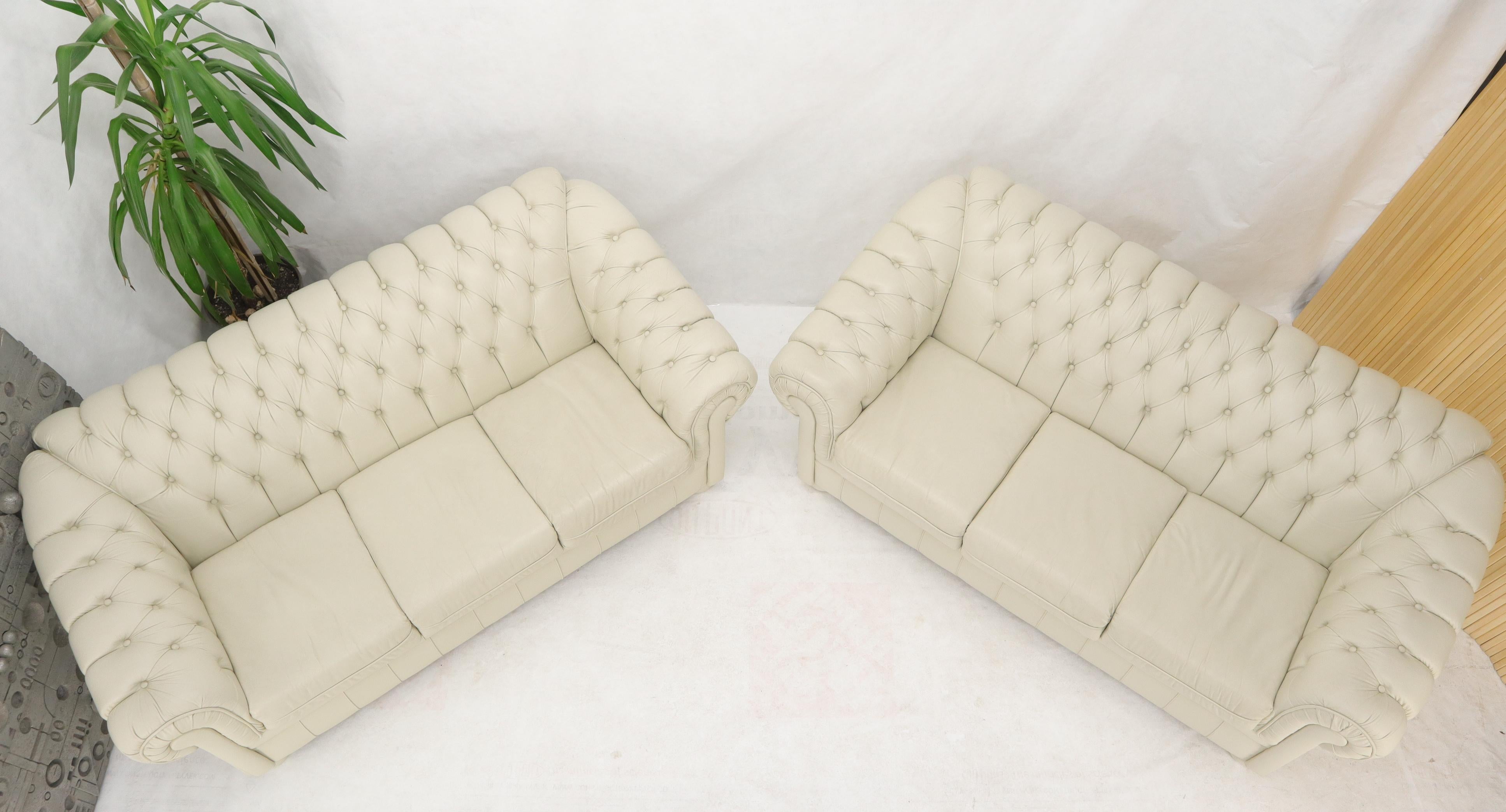 American Pair of Off-White Leather Upholstery Tufted Chesterfield Sofas Couches