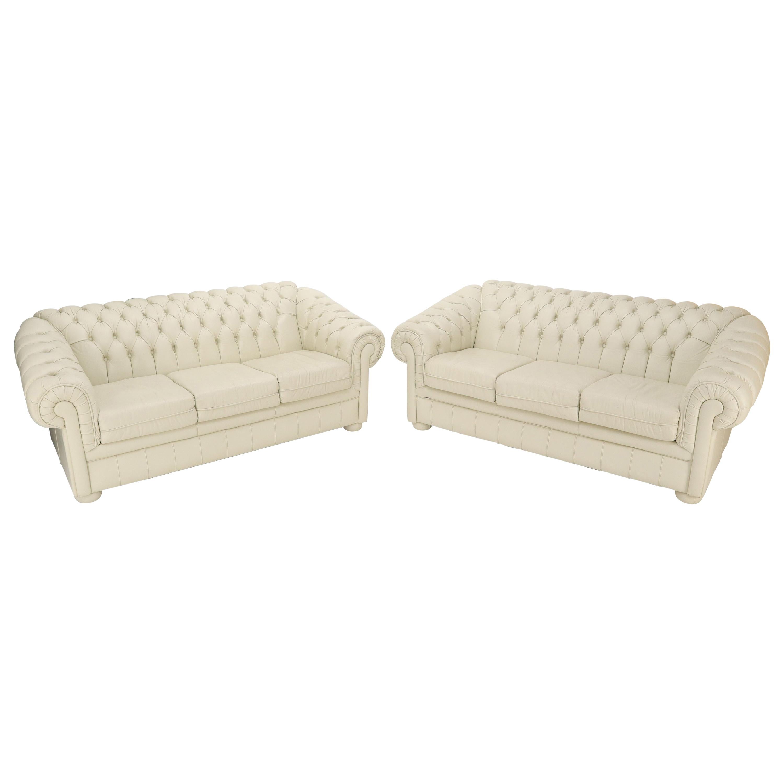 Pair of Off-White Leather Upholstery Tufted Chesterfield Sofas Couches