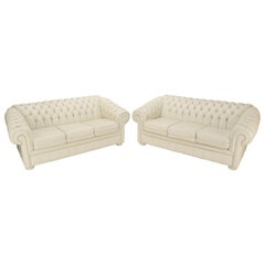 Vintage Pair of Off-White Leather Upholstery Tufted Chesterfield Sofas Couches