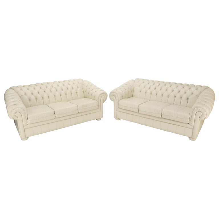 Pair Of Off White Leather Upholstery, White Leather Tufted Sofa