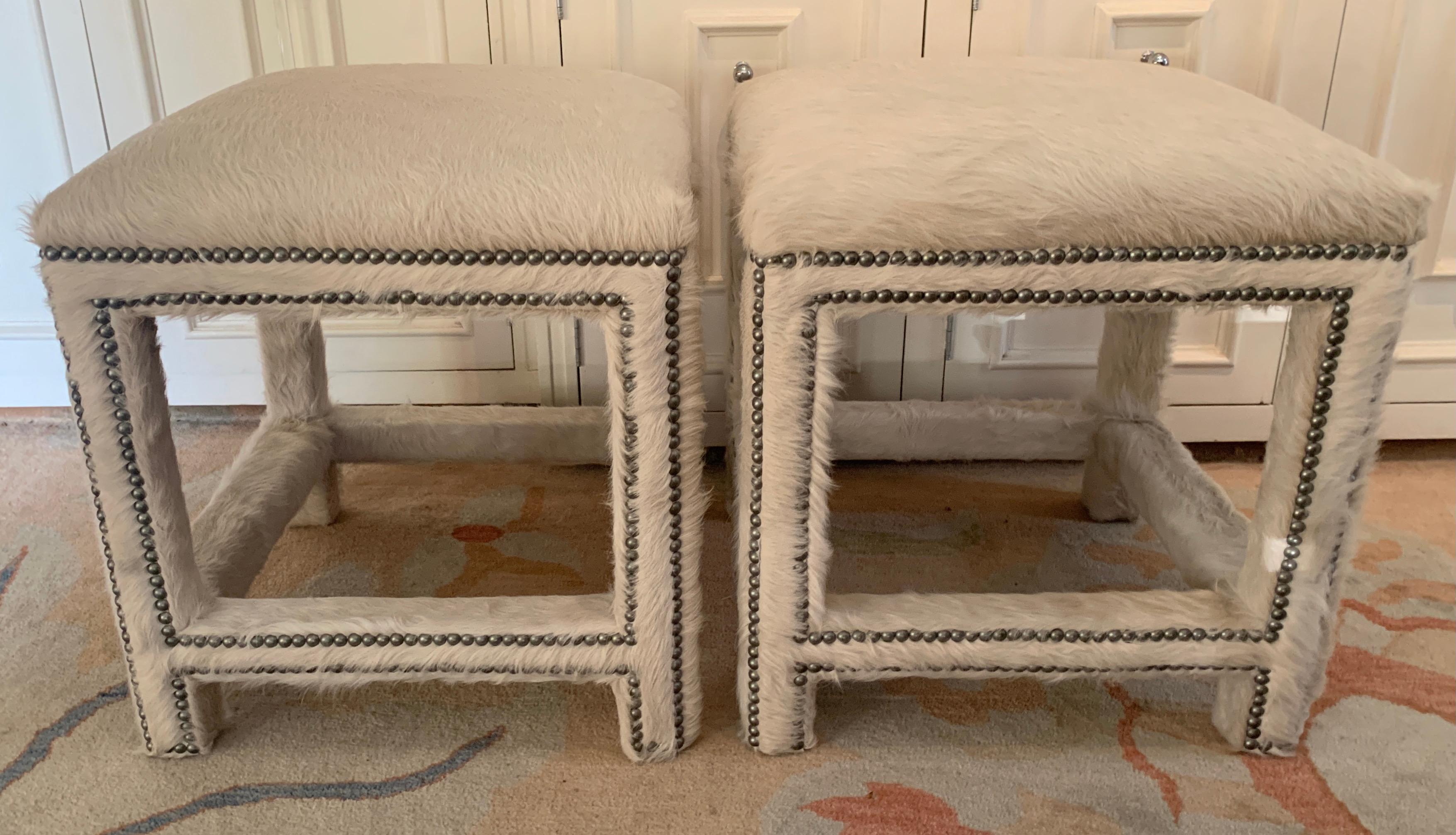 Rustic Pair of off White Pony Skin Benches or Ottomans