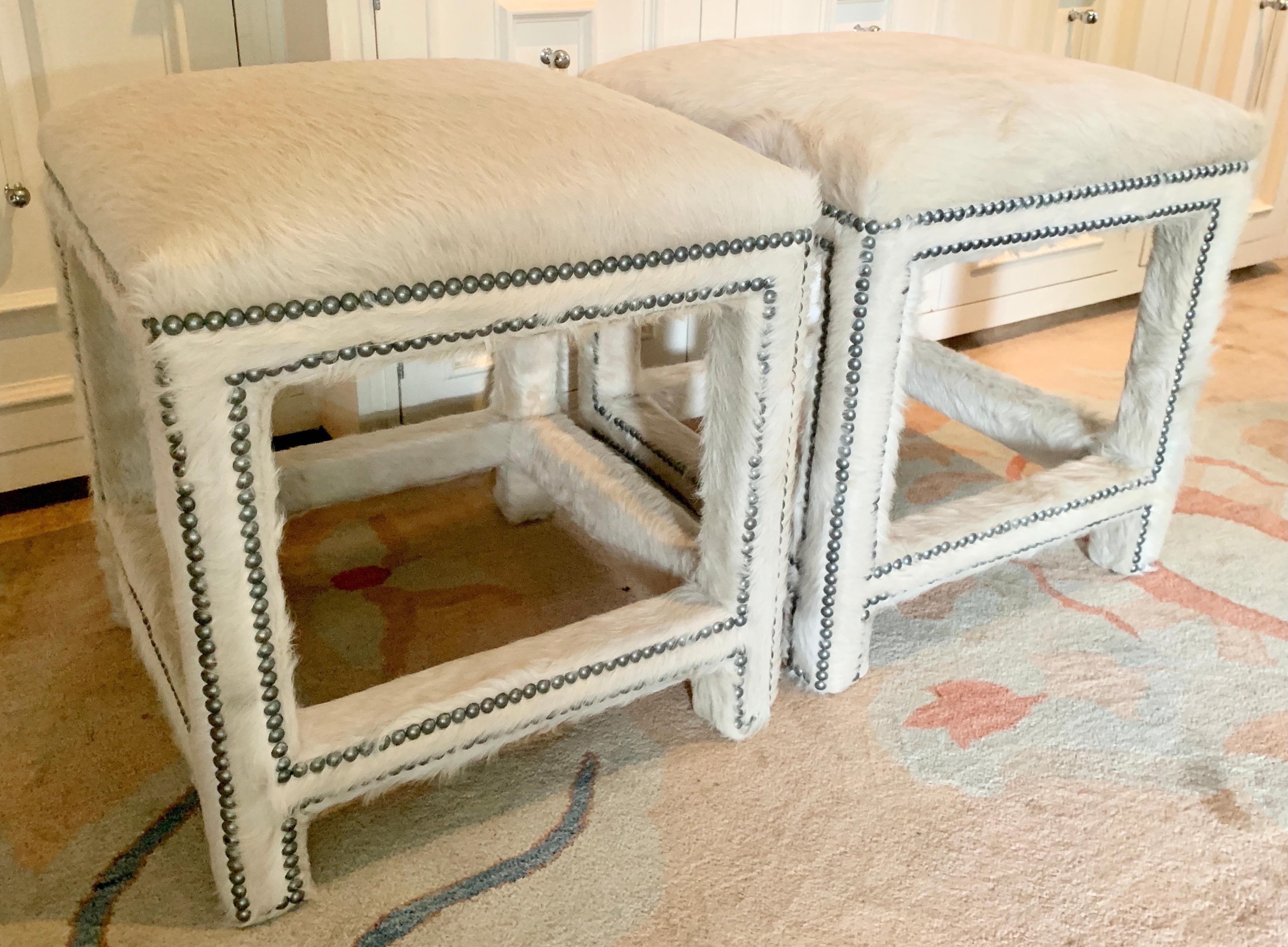 Pair of off White Pony Skin Benches or Ottomans In Good Condition In Los Angeles, CA