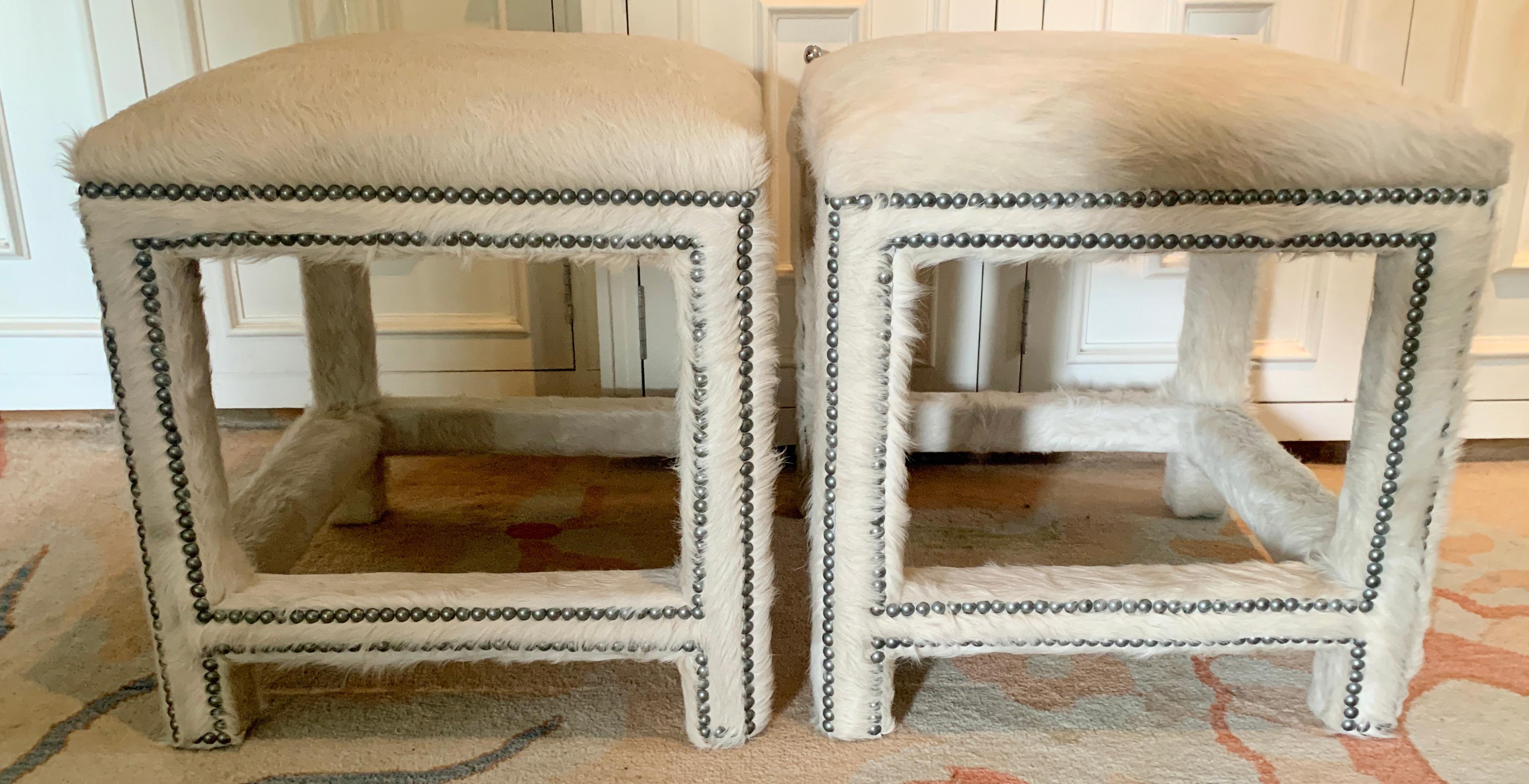 20th Century Pair of off White Pony Skin Benches or Ottomans