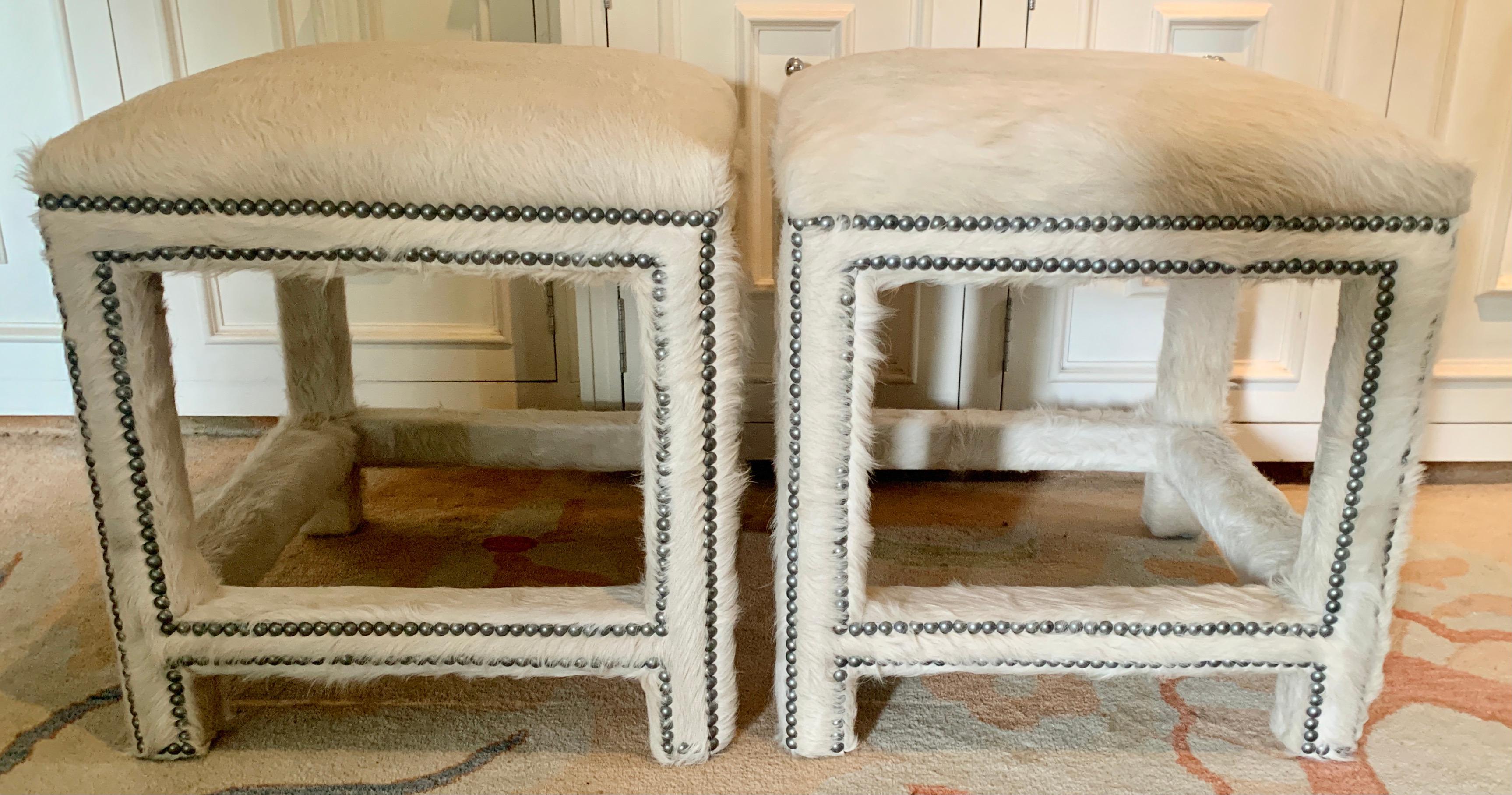 Cowhide Pair of off White Pony Skin Benches or Ottomans