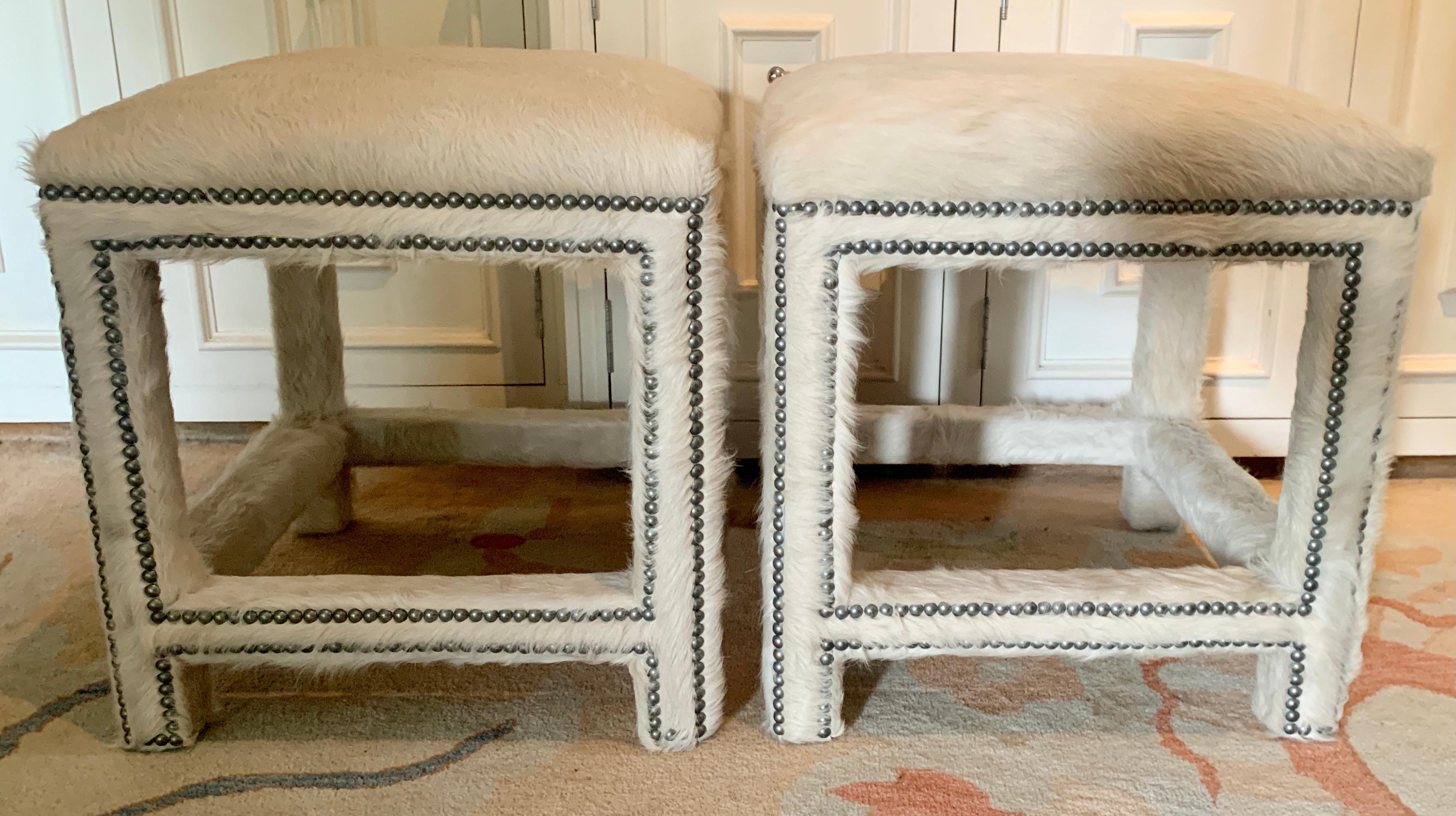 Pair of off White Pony Skin Benches or Ottomans 1