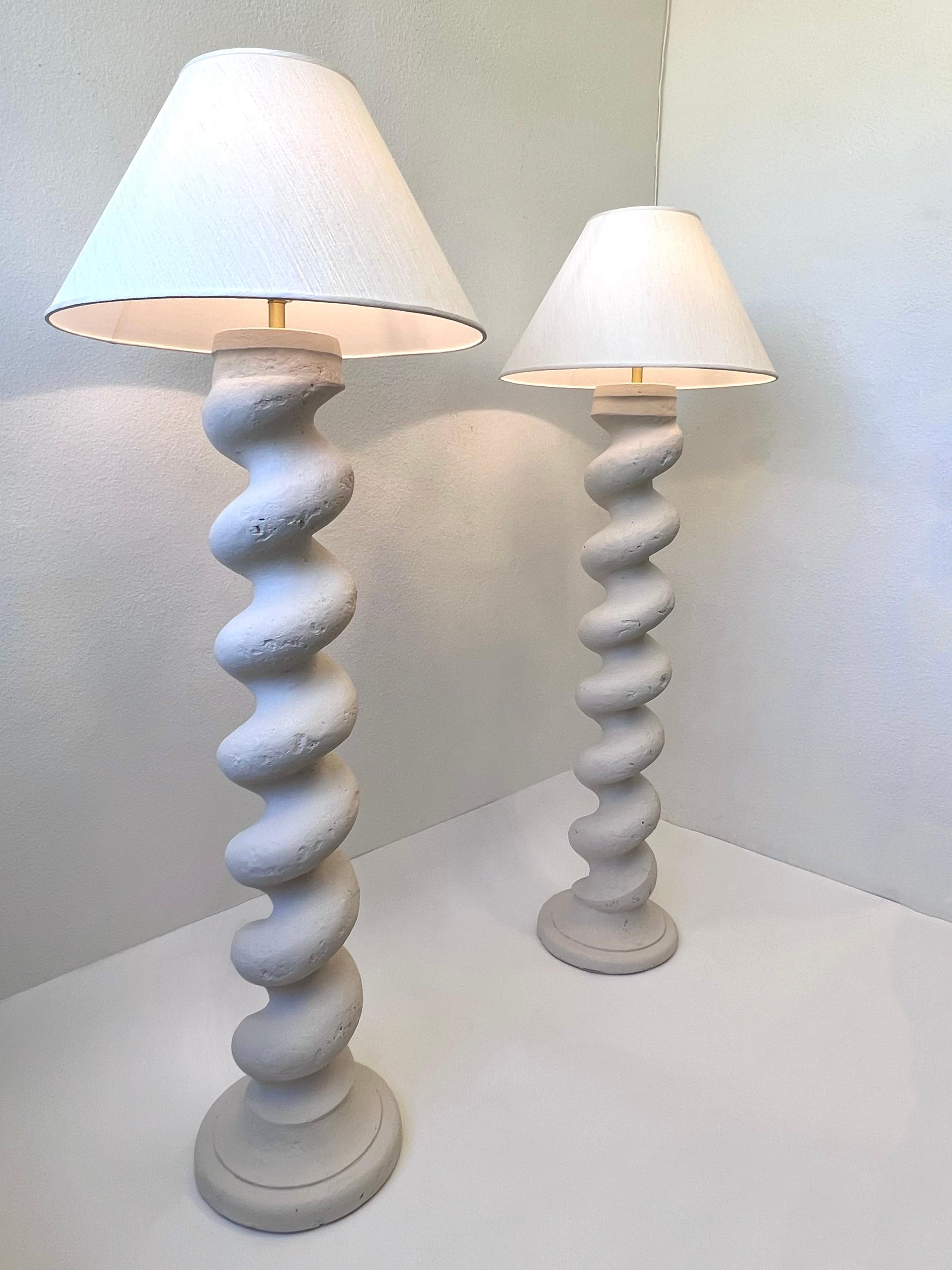 Late 20th Century Pair of Off White Spiral Form Plaster and Brass Floor Lamps by Michael Taylor 