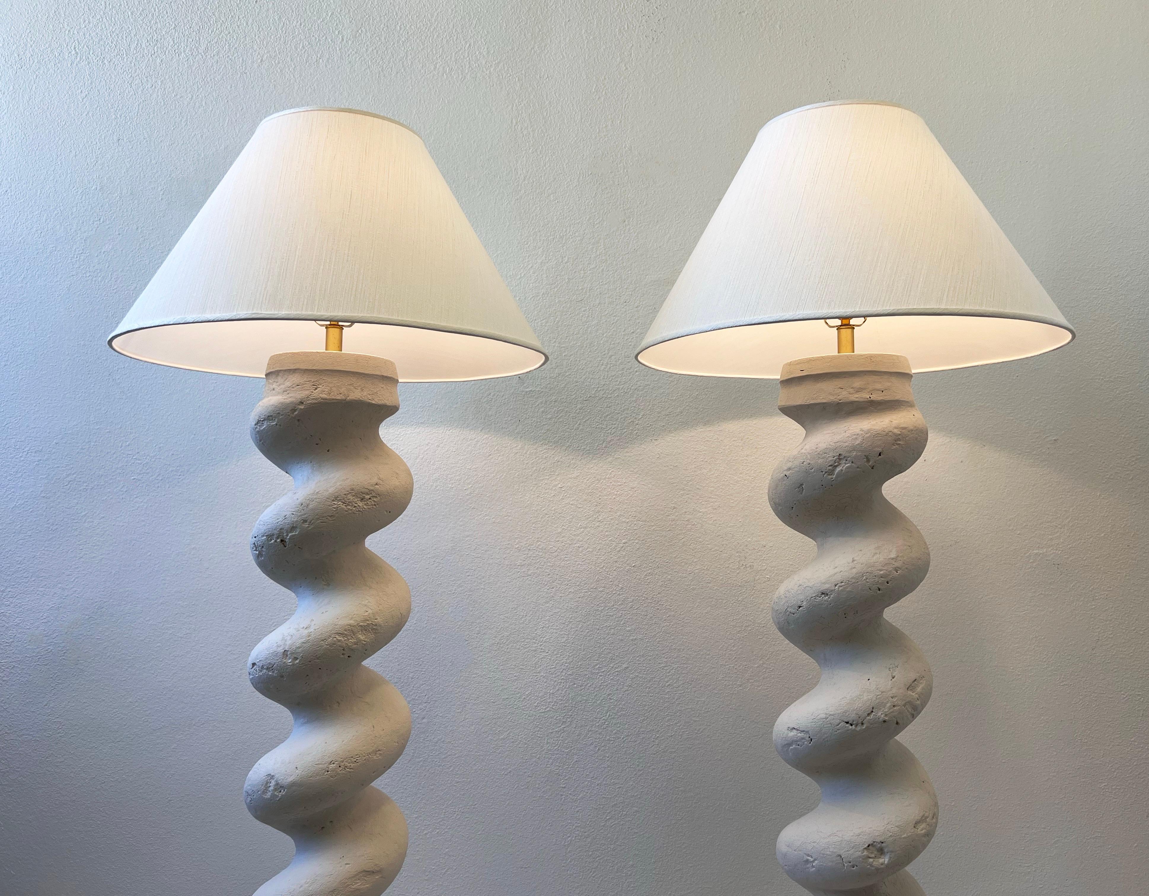 Lacquered Pair of Off White Spiral Form Plaster and Brass Floor Lamps by Michael Taylor 