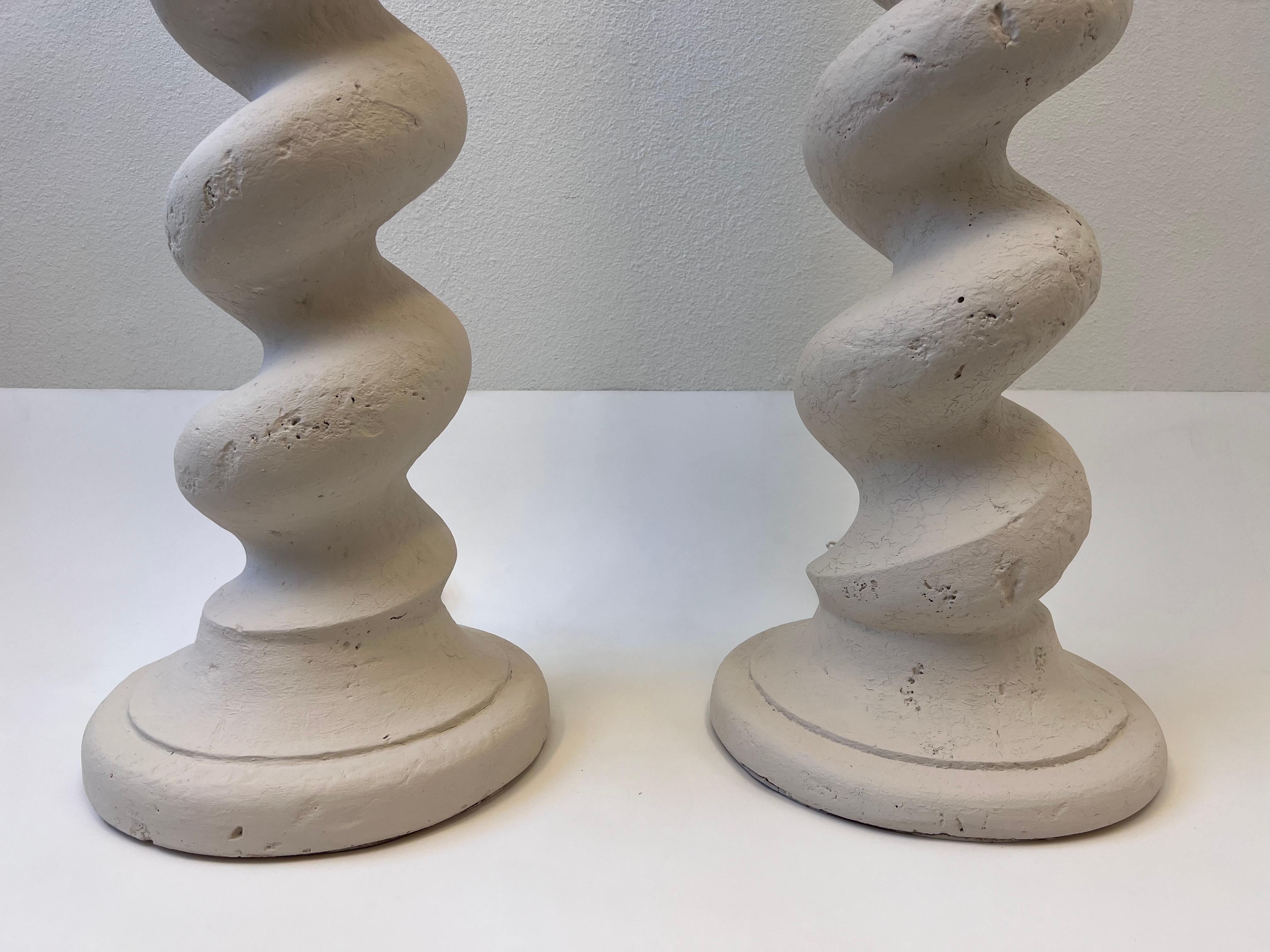 Pair of Off White Spiral Form Plaster and Brass Floor Lamps by Michael Taylor  In Good Condition In Palm Springs, CA
