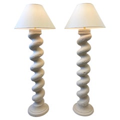 Pair of Off White Spiral Form Plaster and Brass Floor Lamps by Michael Taylor 