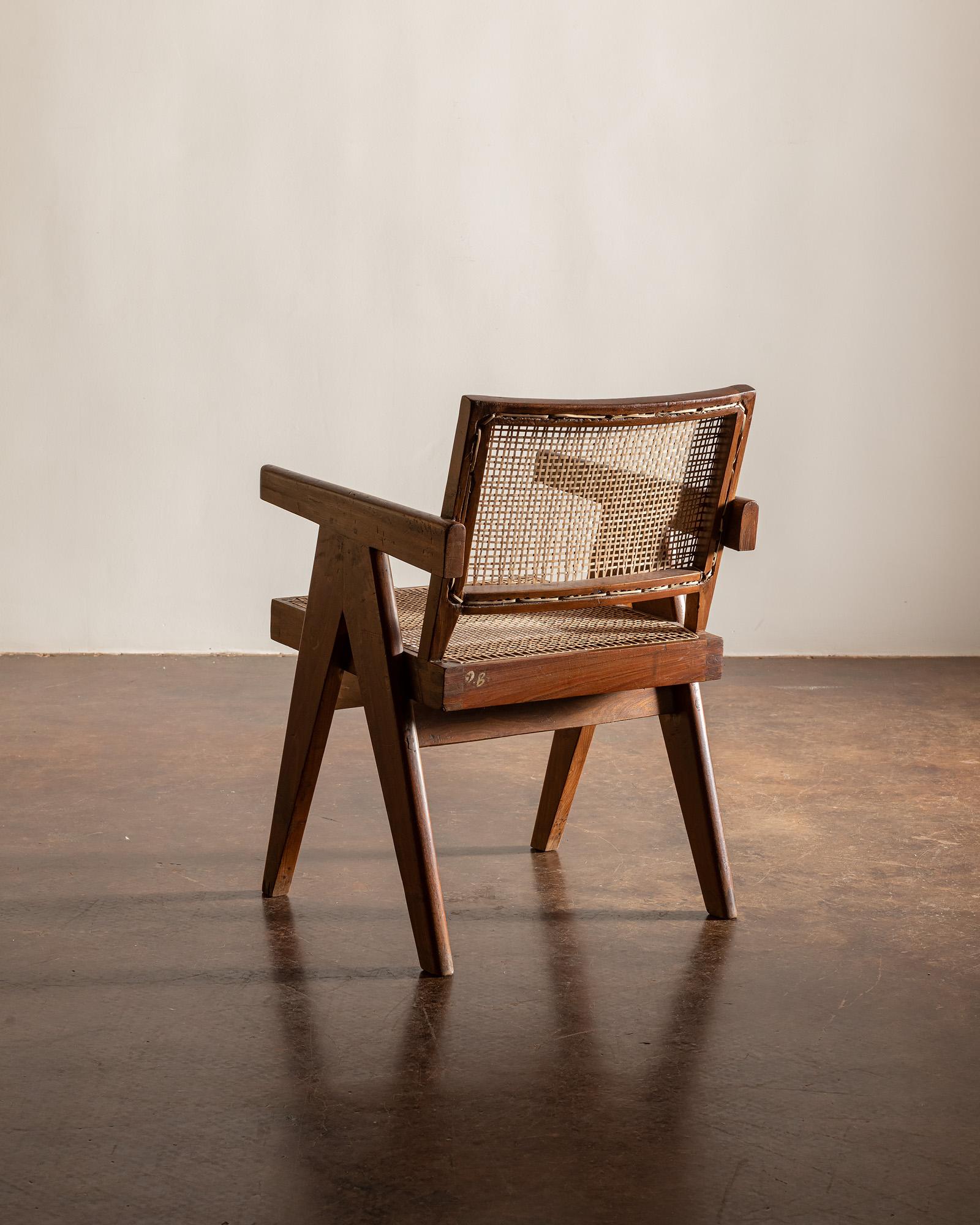 Hand-Woven Pair of Office Armchairs by Pierre Jeanneret, 1950s