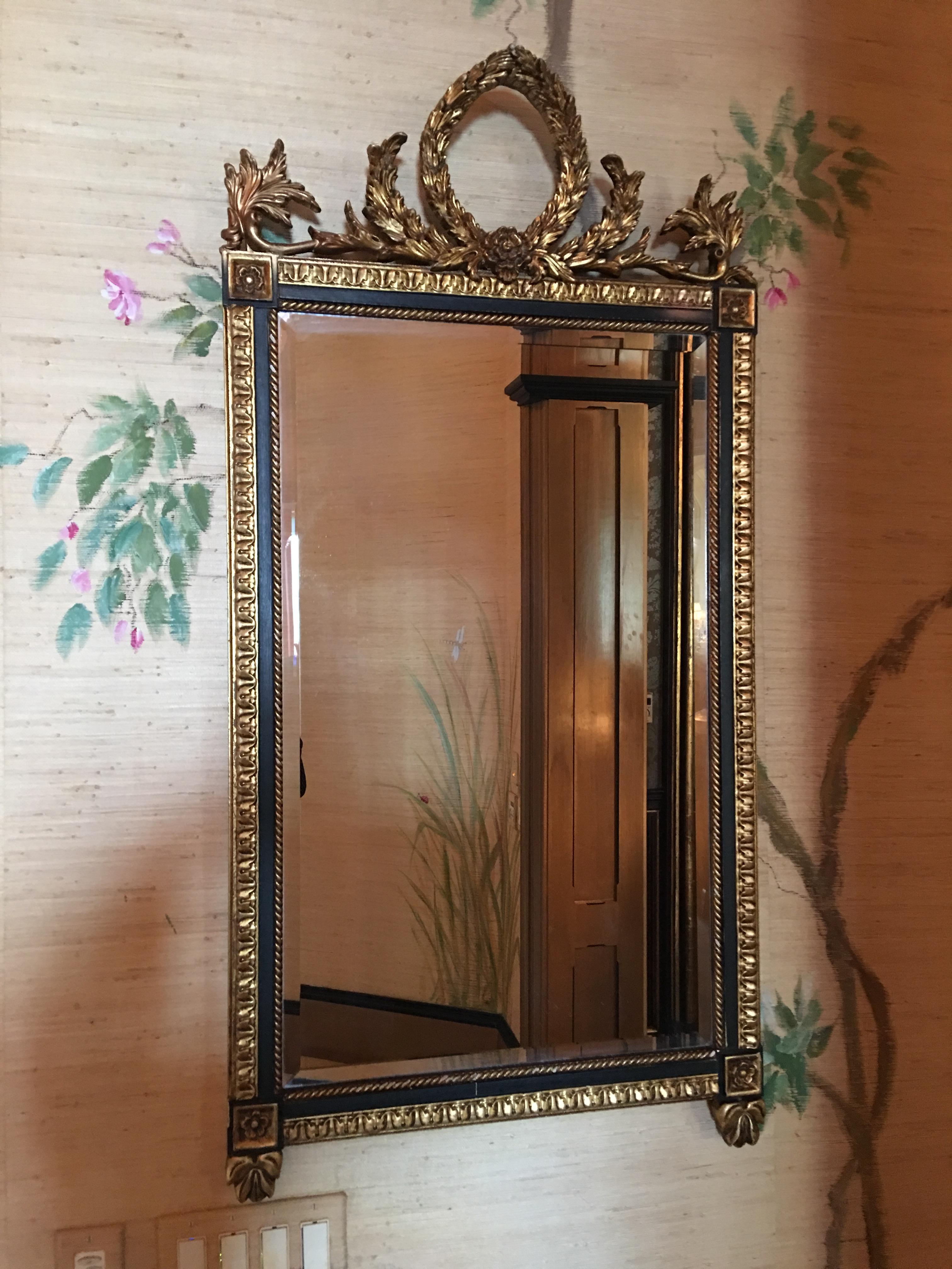 Pair of Oil Gilt and Black Mirrors Adorned with a Floral Crown, 20th Century  1