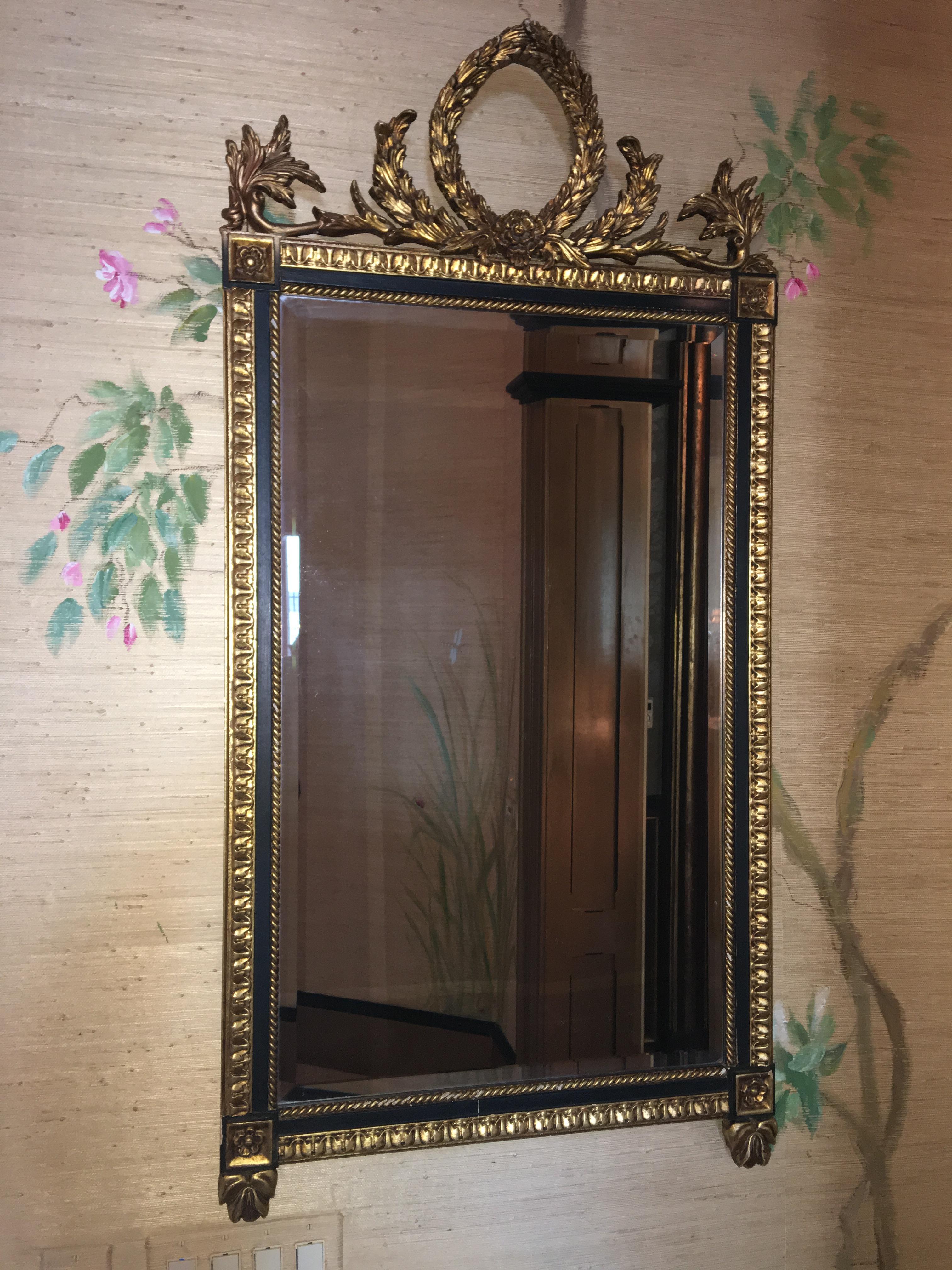 Pair of Oil Gilt and Black Mirrors Adorned with a Floral Crown, 20th Century  2