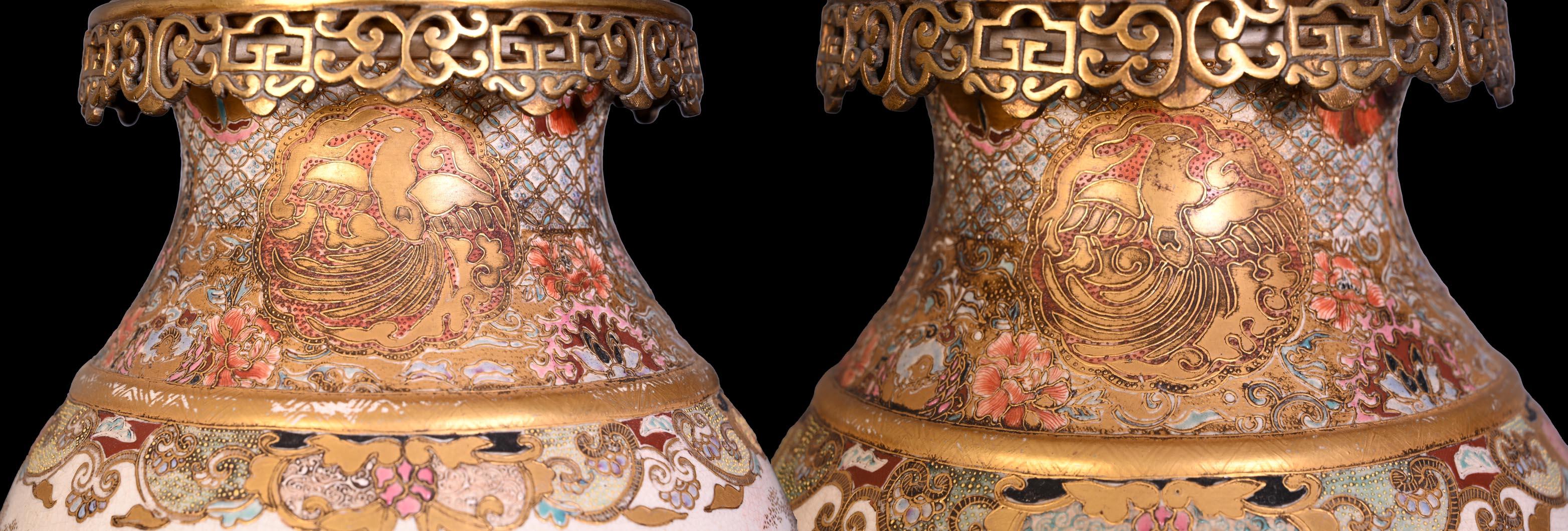 Pair of Oil Lamps in Satsuma Faience with Baccarat Opaline Globes – Second Half Bon état - En vente à SAINT-OUEN-SUR-SEINE, FR