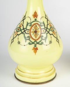 Pair of Oil Lamps, Painted Opaline Glass with Crystal Shades, 19th Century.