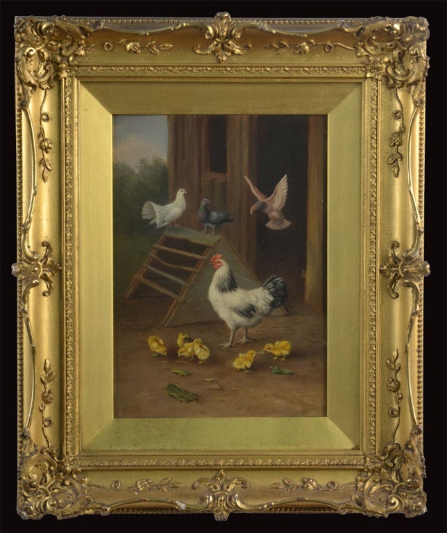 English Pair of Oil on Board Farmyard Scenes For Sale