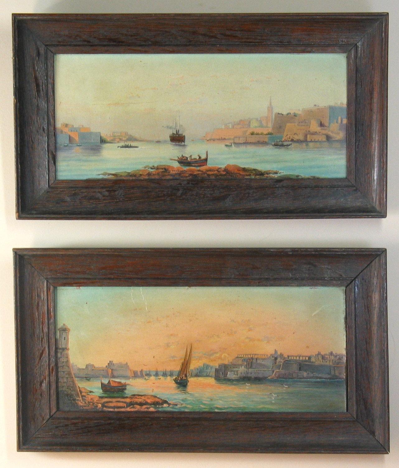 Spazzolato Coppia di oli su tavola con scene di porto alla maniera di Luigi Maria Galea in vendita