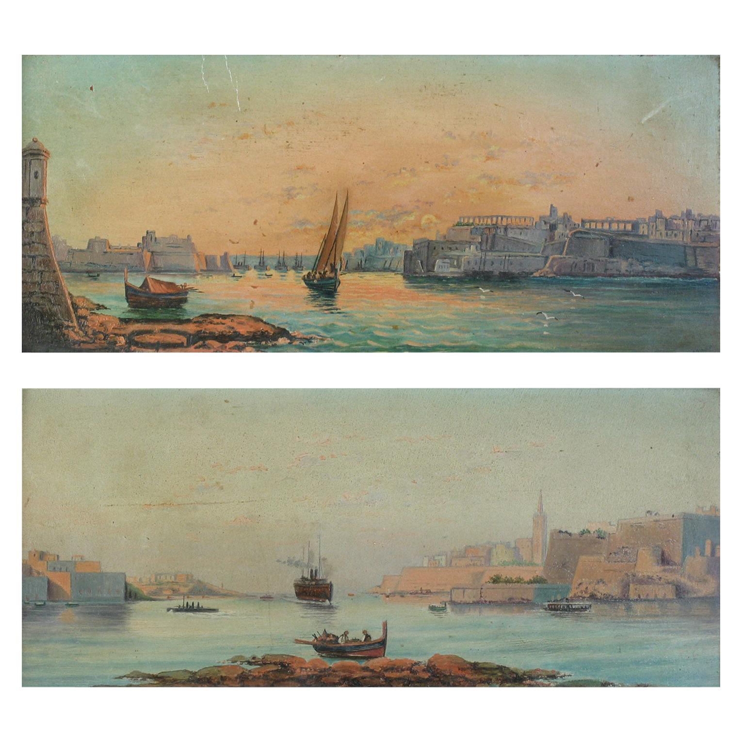 Coppia di oli su tavola con scene di porto alla maniera di Luigi Maria Galea