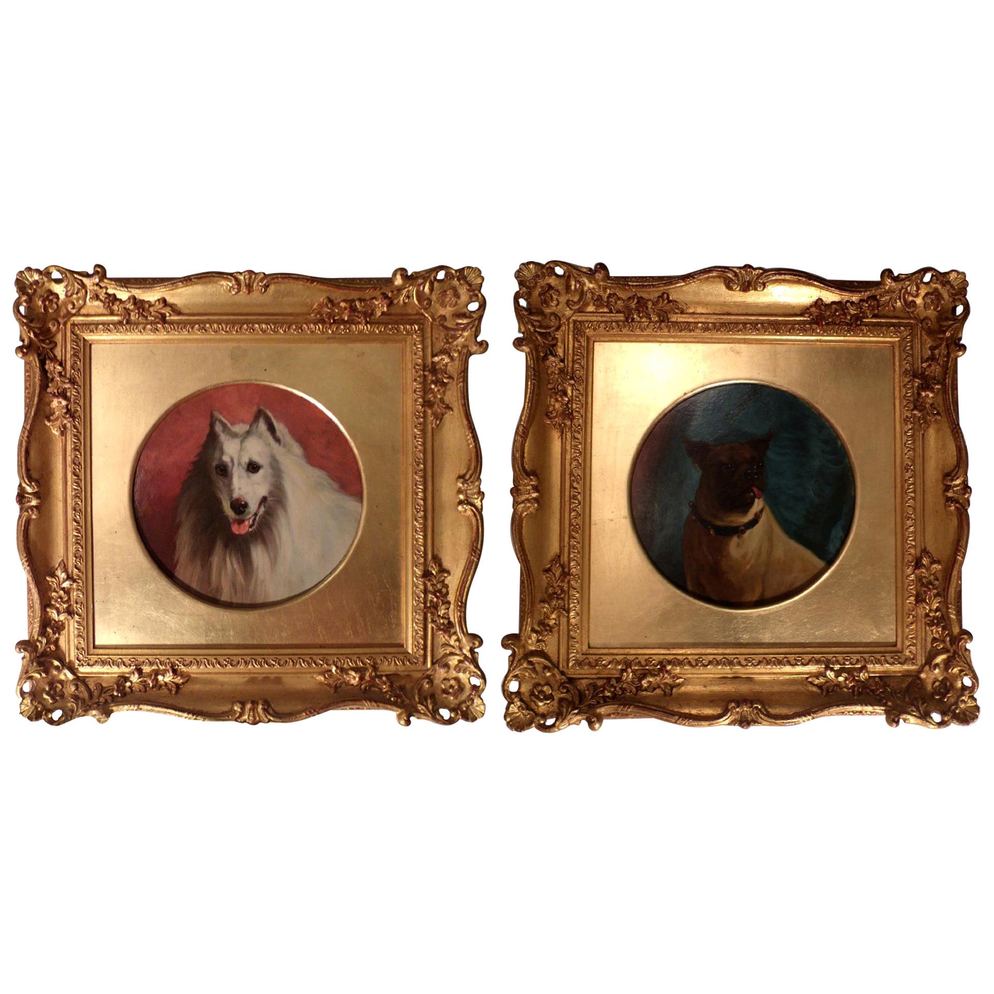 Pair of Oil on Canvas Dog Portraits by George Earl For Sale