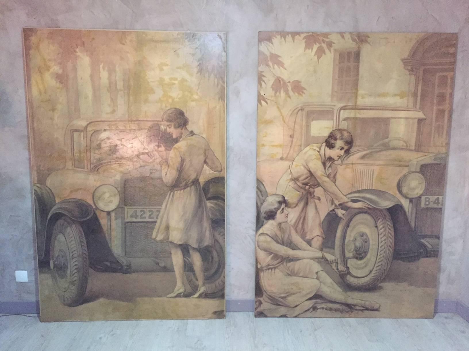 Art Deco Pair of Oil on Canvas on 1920s Chevrolet Theme