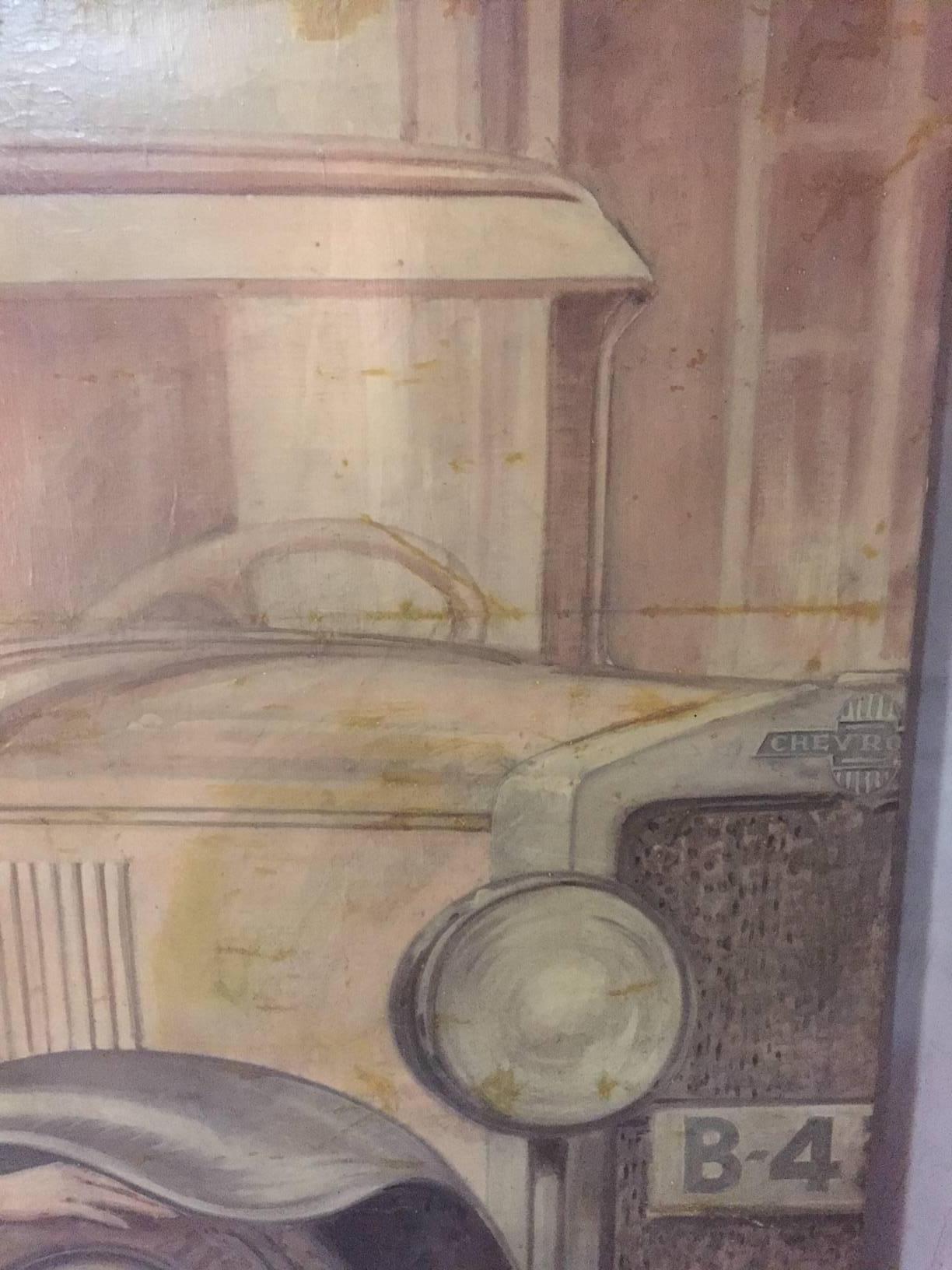 Pair of Oil on Canvas on 1920s Chevrolet Theme In Good Condition In LEGNY, FR