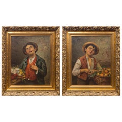 Antique Pair of Oil on Canvas Portraits of Street Vendors