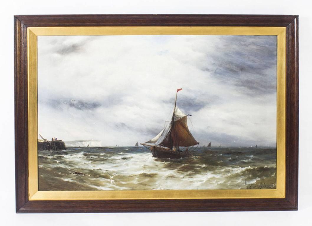 This is a lovely pair of large antique oil on canvas seascape paintings, 'The incoming tide; and catching the breeze' and each signed by the notable British artist Gustave De Bréanski (1856-1898), lower right.

One painting features a fishing boat