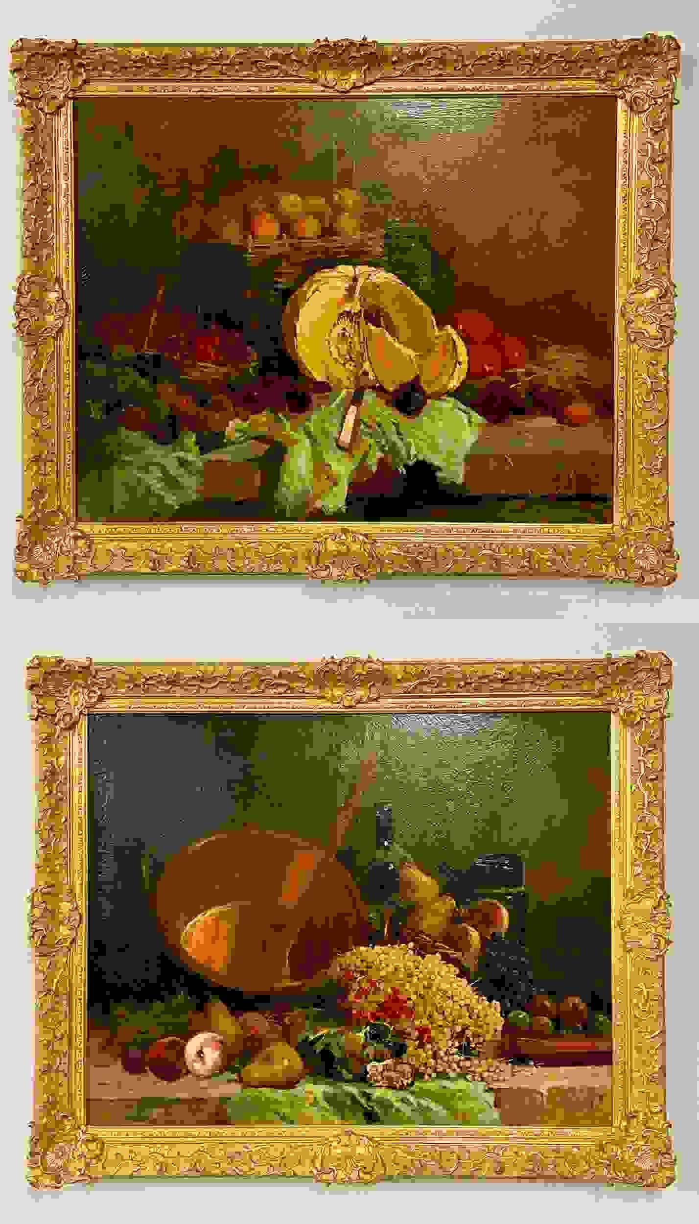 A pair of oil on canvas signed dated 1881 Tony Torta. Each finely detailed still-life of Fruit is so masterfully done that one would almost salivate to eat.
Can purchase one or the pair. Tony Torta (1800-1900)

Unframed: 29 in H x 36 in