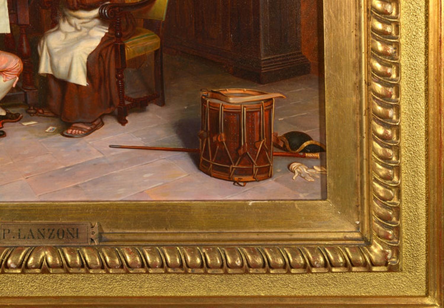 Pietro Lanzoni, Italian artist lived 1827 to 1899.

A pair of oil on panel interiors of an artist in his studio.
One painting a subject, the other playing cards. 
The pair displayed in matching carved giltwood frames, each with a metal plaque