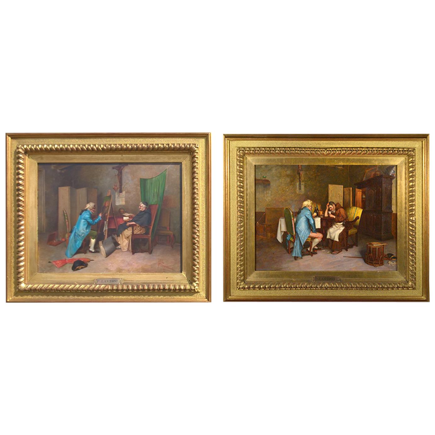 Pair of Oil on Panel Interiors of an Artist in His Studio. P. Lanzoni, 1827 1899 For Sale