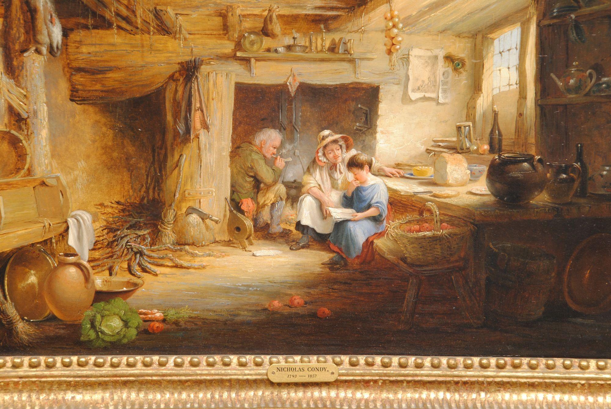 Une charmante paire de scènes d'intérieur de maison de campagne finement détaillées, huile sur panneau de Nicholas Condy 1793 à 1857.
Étiquette de la London Gallery au dos.
Condy a commencé à peindre ces scènes d'intérieur raffinées avant de devenir