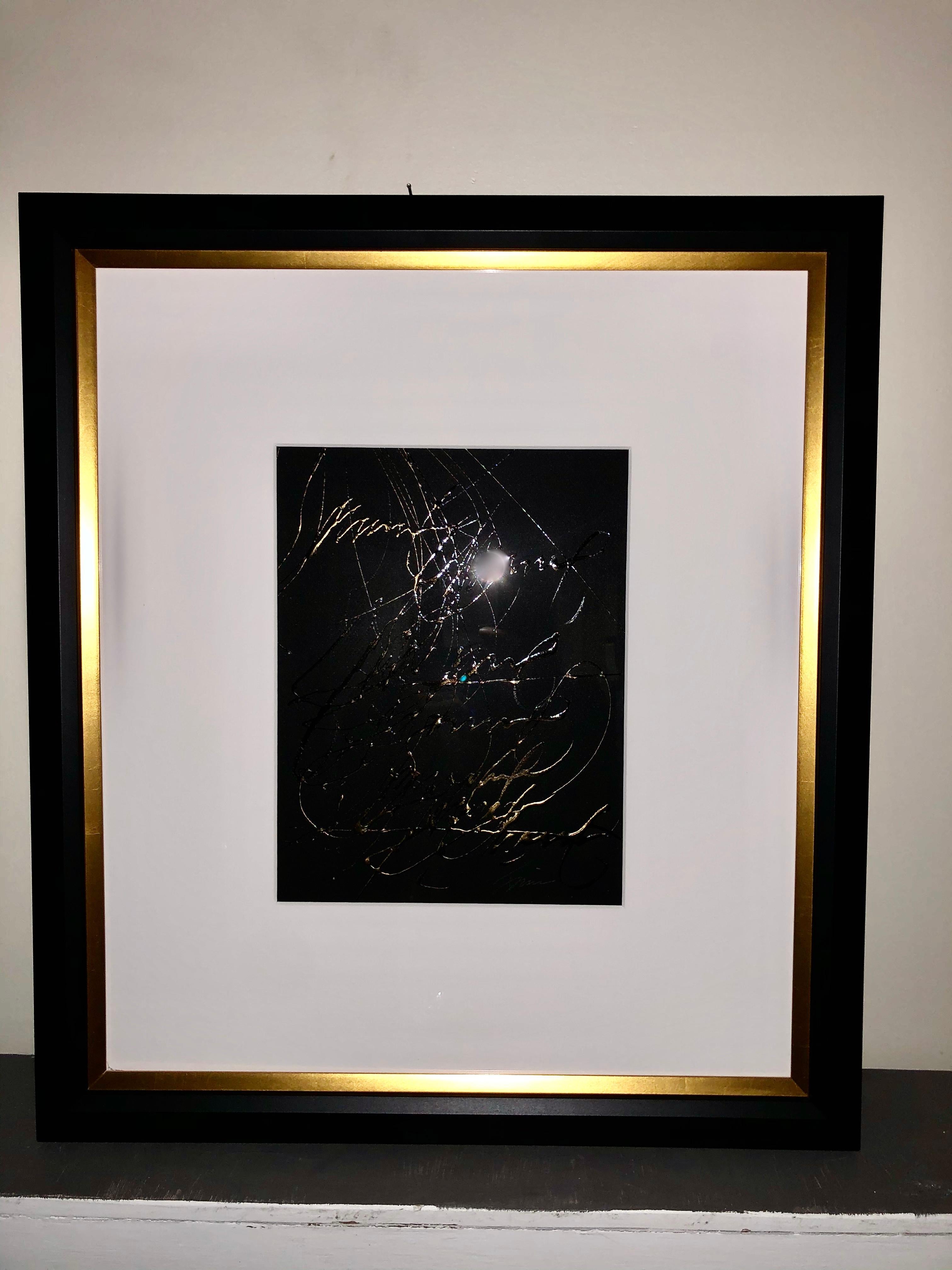 Pair of gilt oil on paper calligraphy paintings signed Francine Turk. Newly matted and framed in gilt and plain black wood frame.
