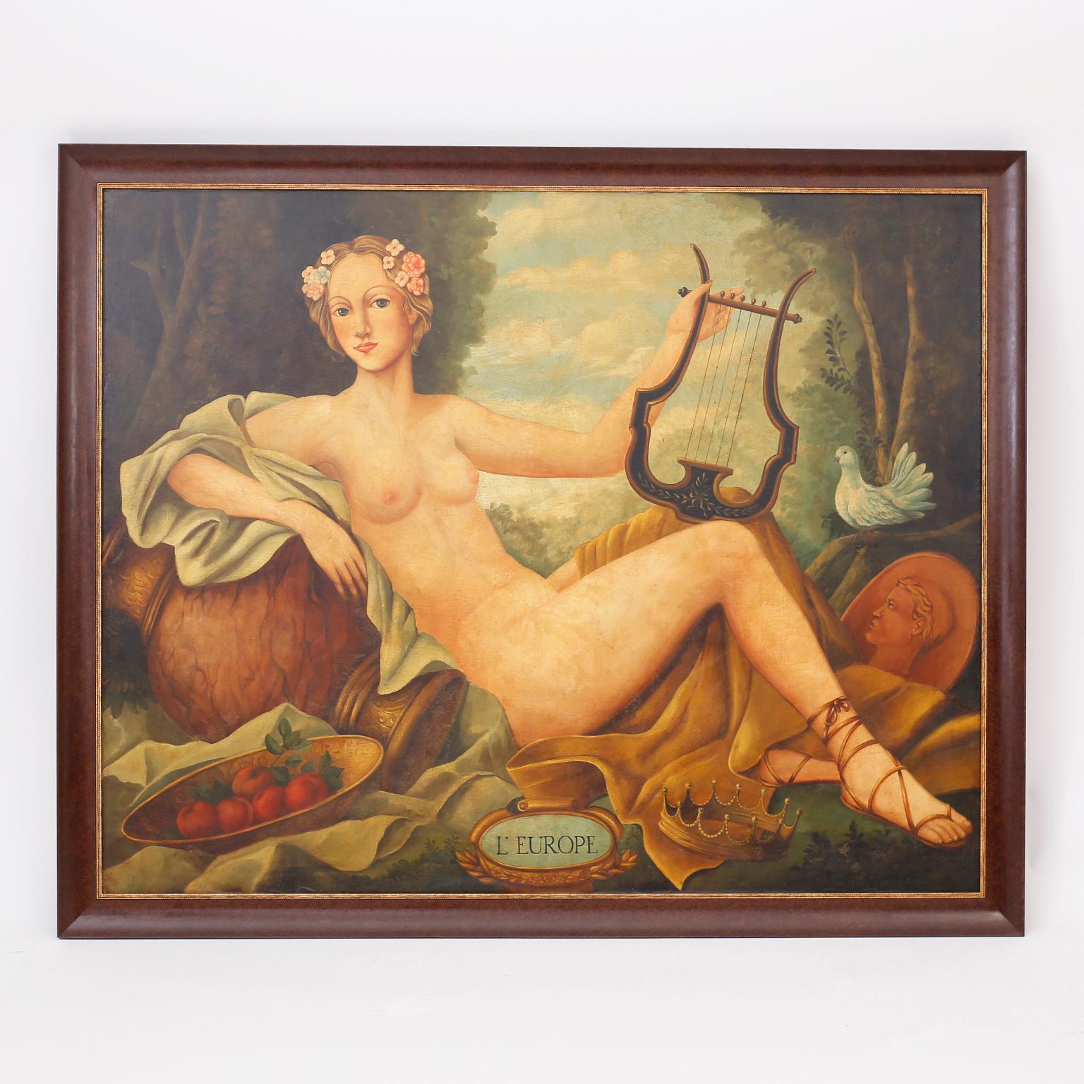 Oil paintings on board of reclining nude women, one in a classical setting with a lyre, titled L'EUROPE and the other of a woman under a red umbrella with pomegranates in a woodland setting, titled L'ASIE and signed Skilling in the lower right. Both