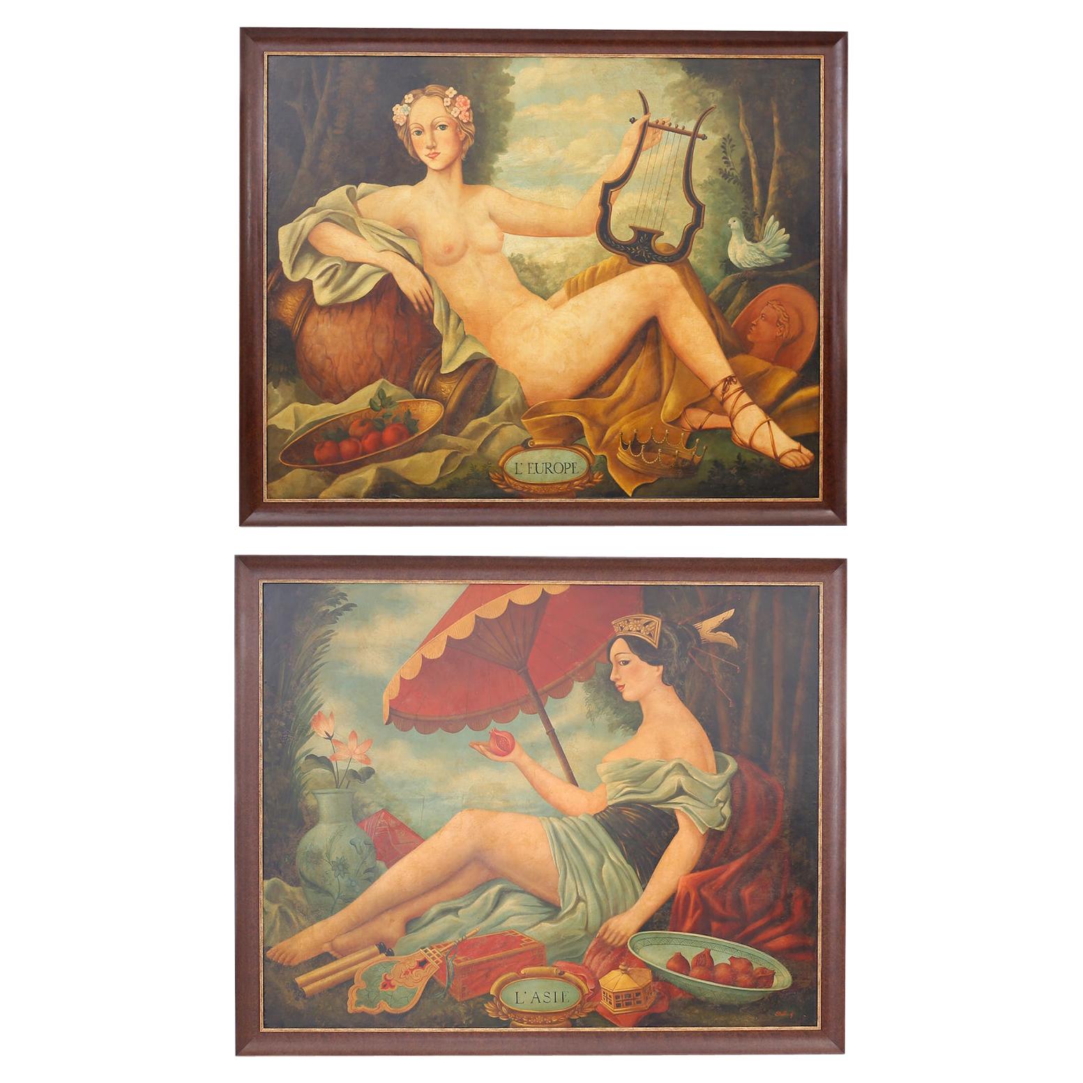 Pair of Oil Paintings L'Europe and L'Asie by Skilling, Priced Individually For Sale