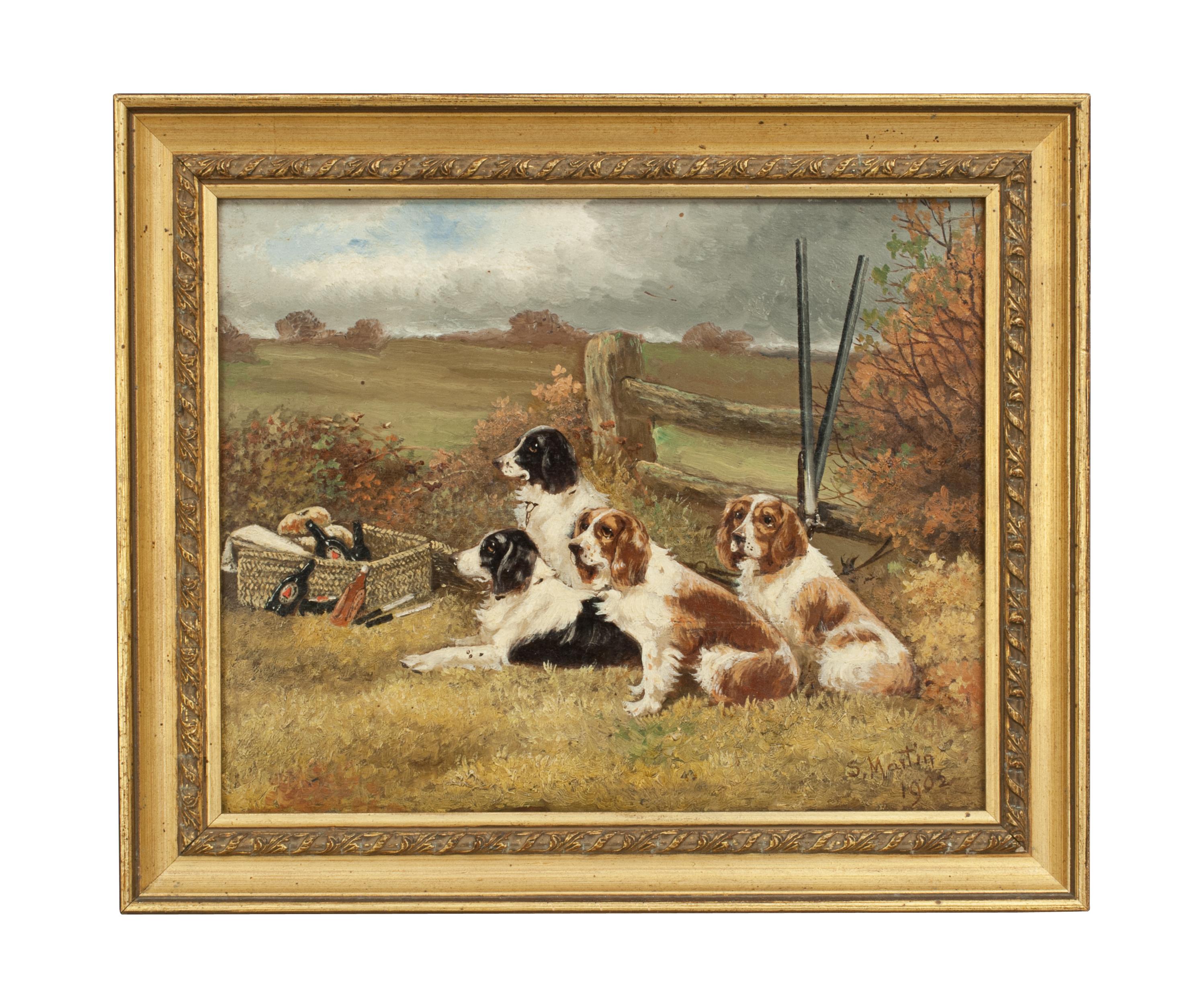 Pair of signed oil paintings of gun dogs.
A nice small pair of oil on board paintings of hunting gun dogs, Spaniels. Both signed by British artist Sylvester Martin, dated 1902. The pair of field Springer spaniel oil paintings have undeniable charm,