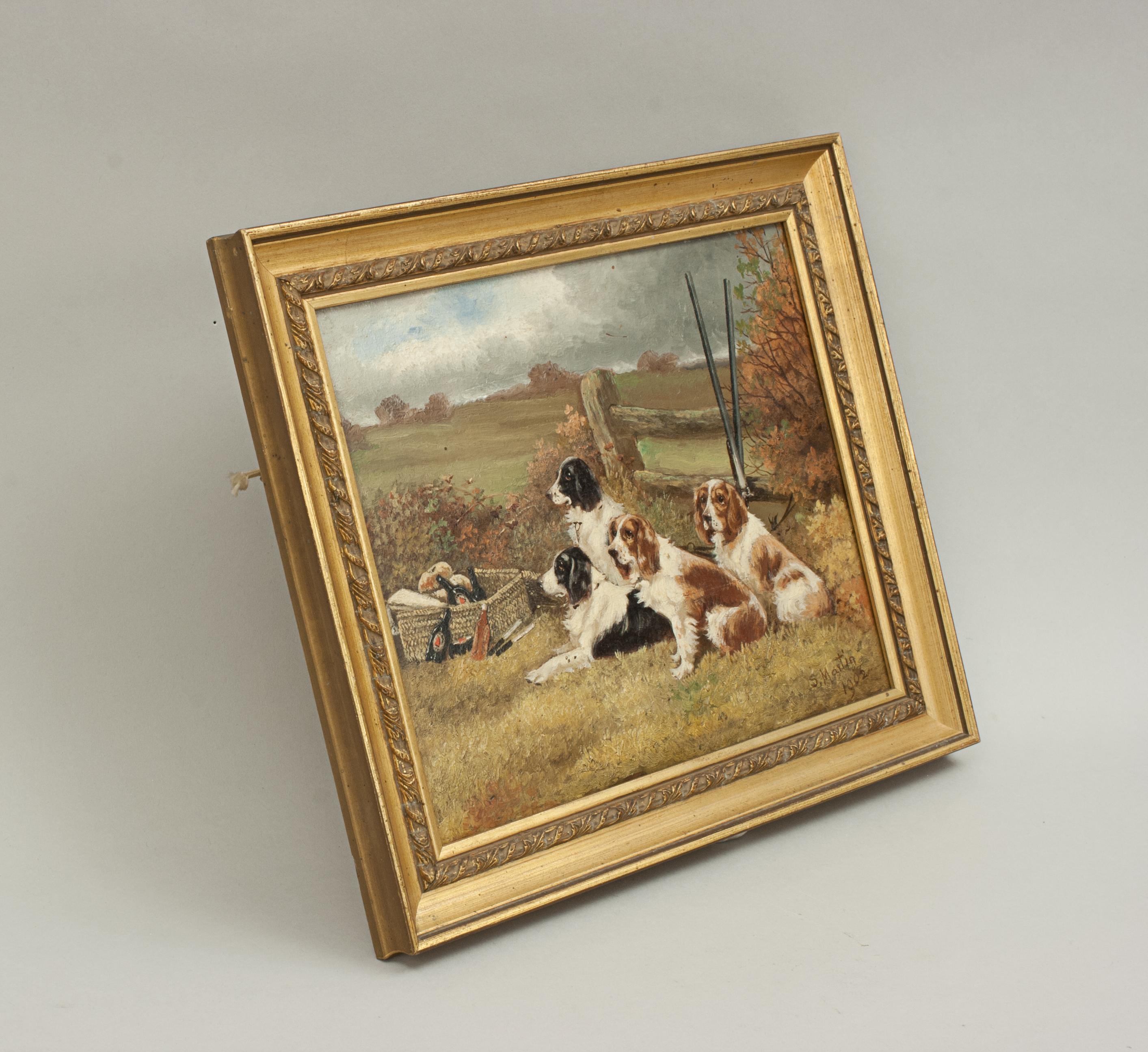 Sporting Art Pair of Oil Paintings of Hunting Spaniels, Mounted on Board