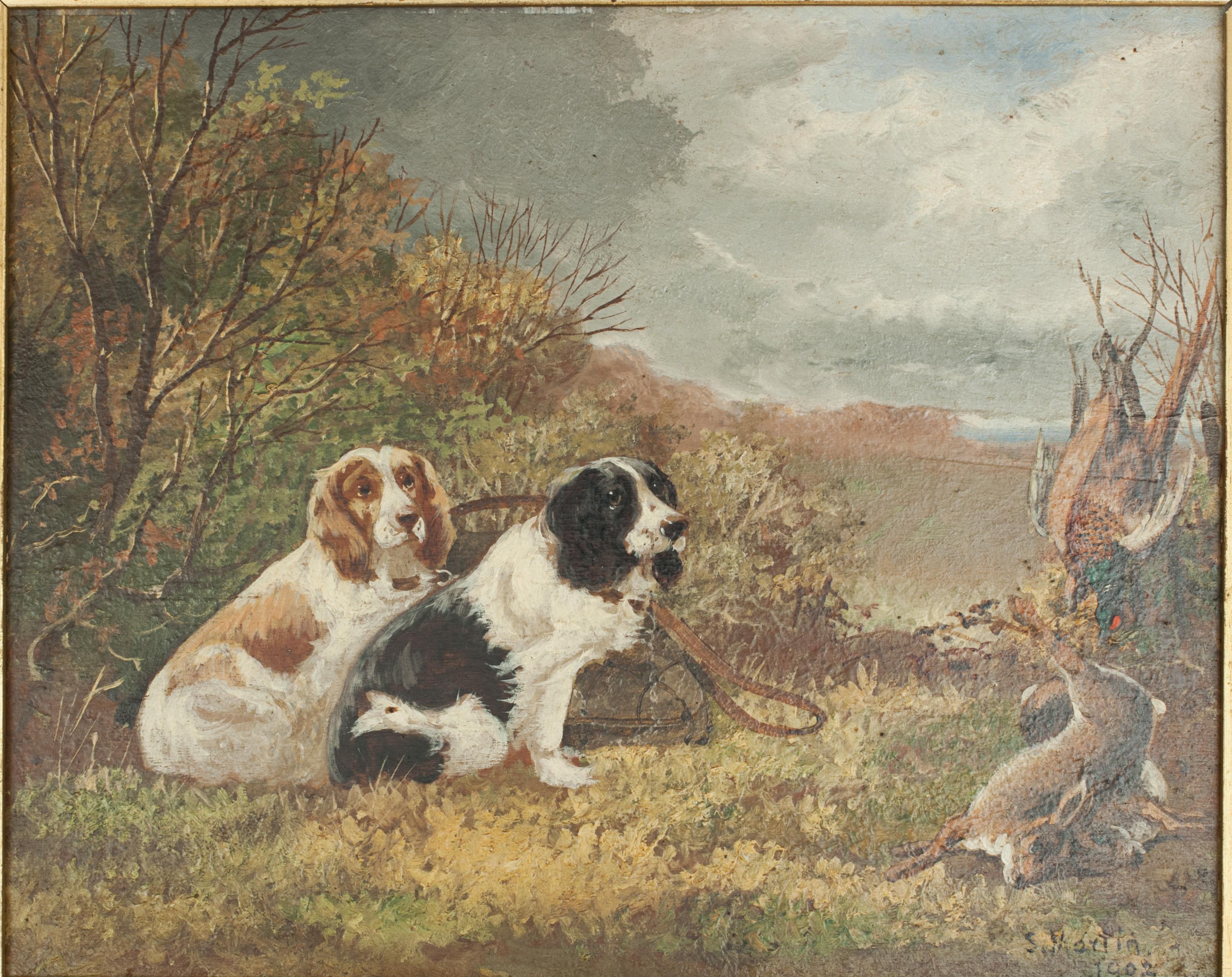British Pair of Oil Paintings of Hunting Spaniels, Mounted on Board