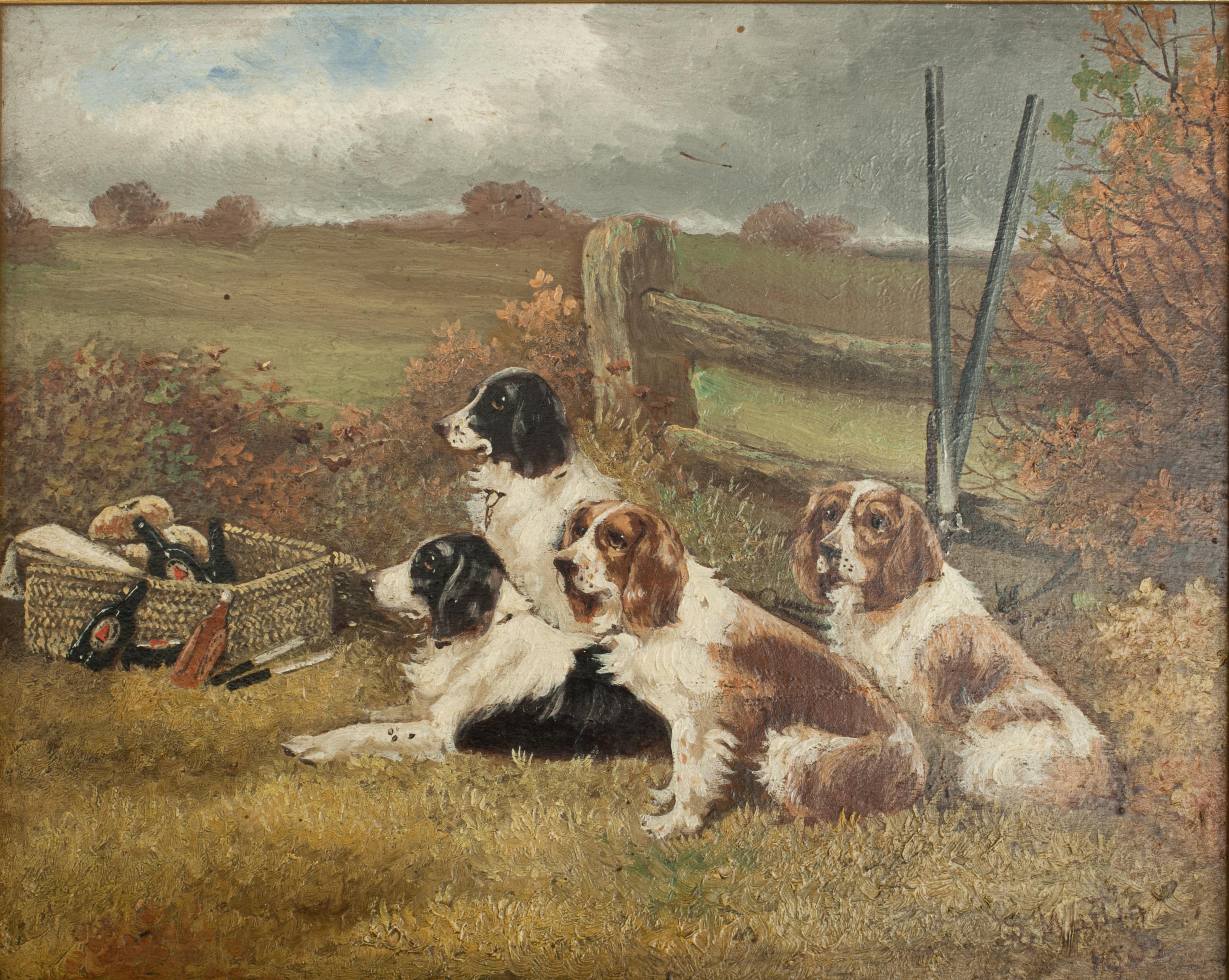 Pair of Oil Paintings of Hunting Spaniels, Mounted on Board In Good Condition In Oxfordshire, GB