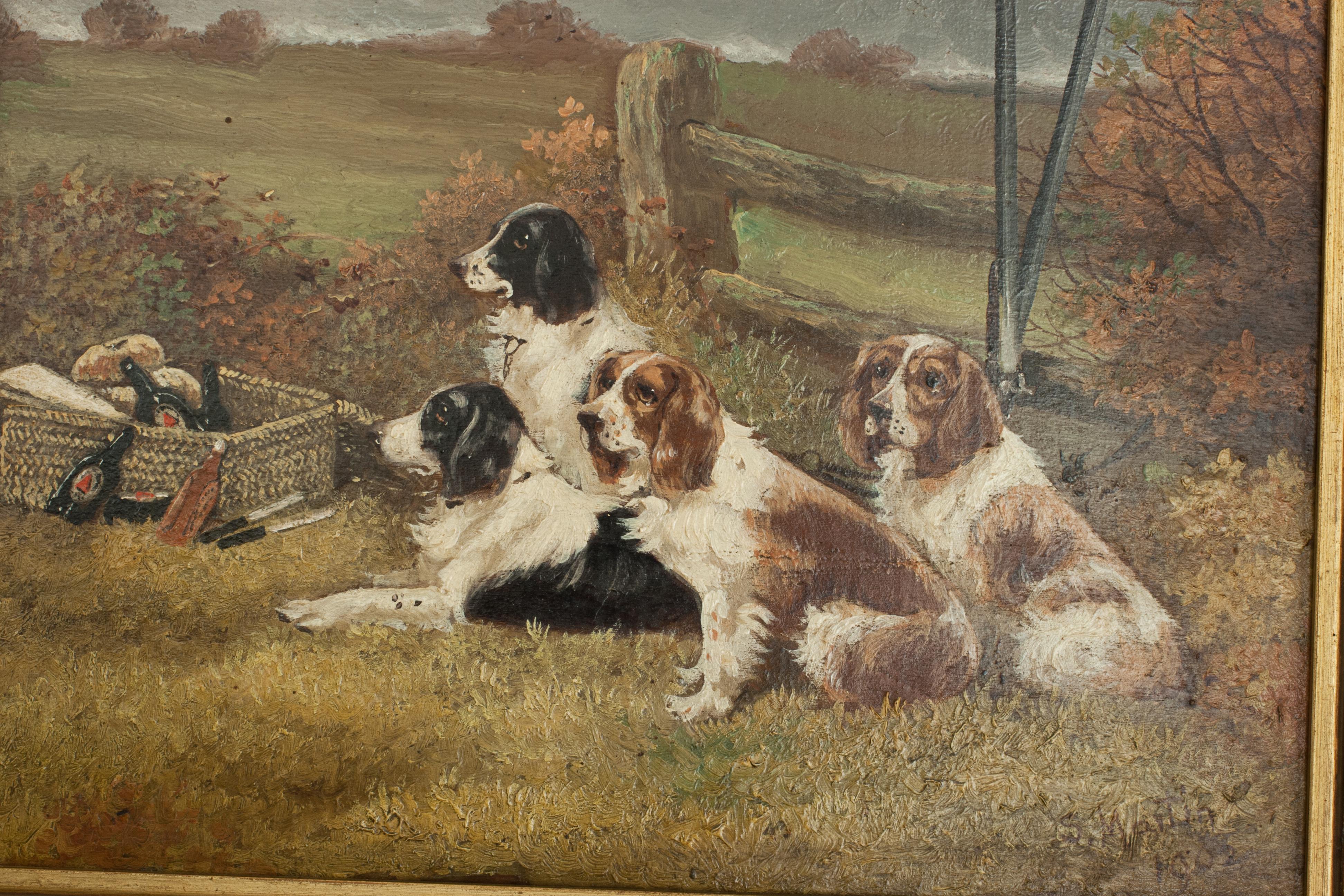 Early 20th Century Pair of Oil Paintings of Hunting Spaniels, Mounted on Board