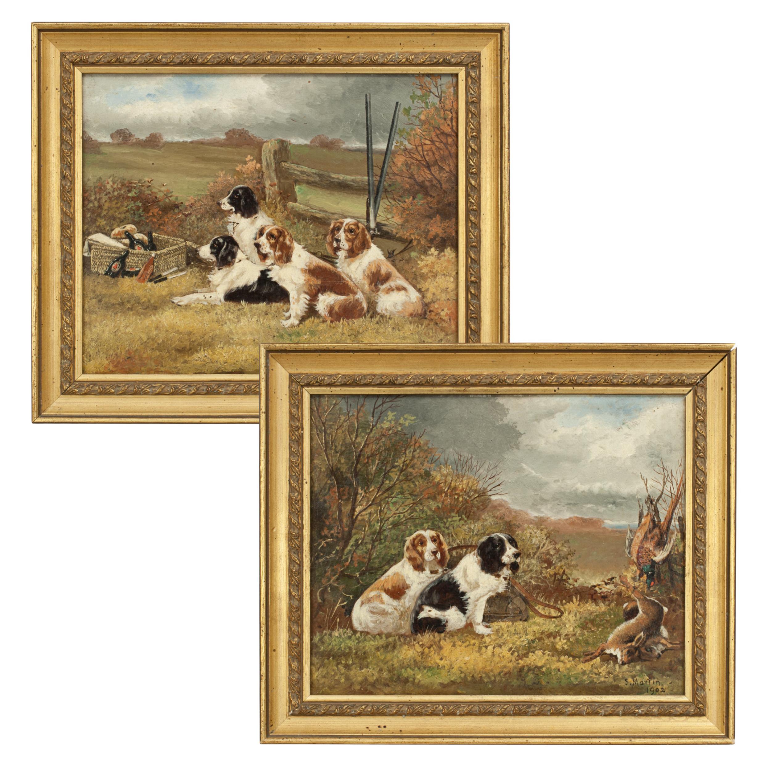Pair of Oil Paintings of Hunting Spaniels, Mounted on Board