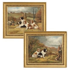 Antique Pair of Oil Paintings of Hunting Spaniels, Mounted on Board