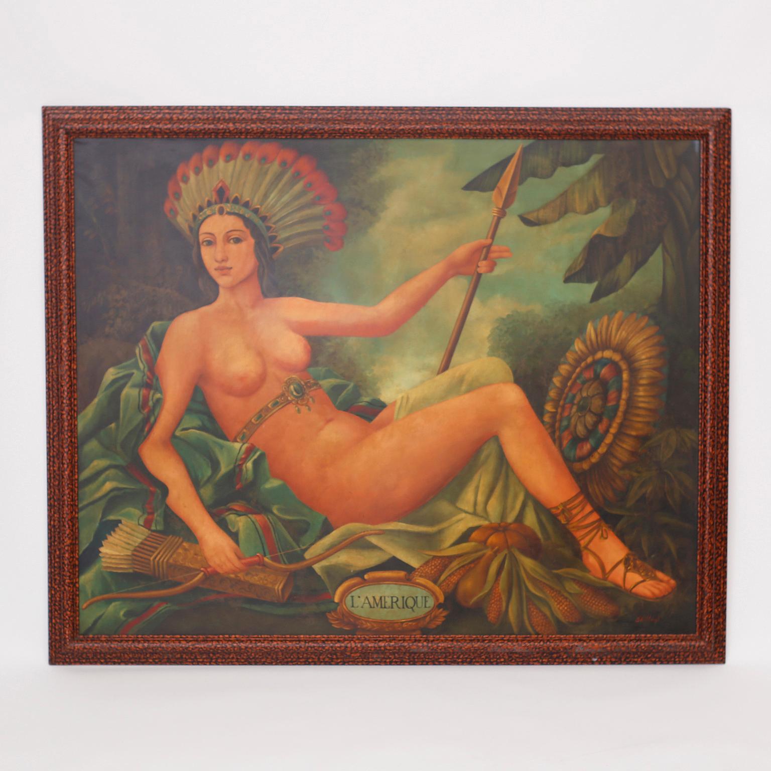 Two bold and beautiful oil paintings on board, one depicting an indigenous American in a woodland setting with headdress and weapons, titled L’ AMERIQUE and the other depicting an indigenous African woman in a jungle setting with turban, cornucopia,