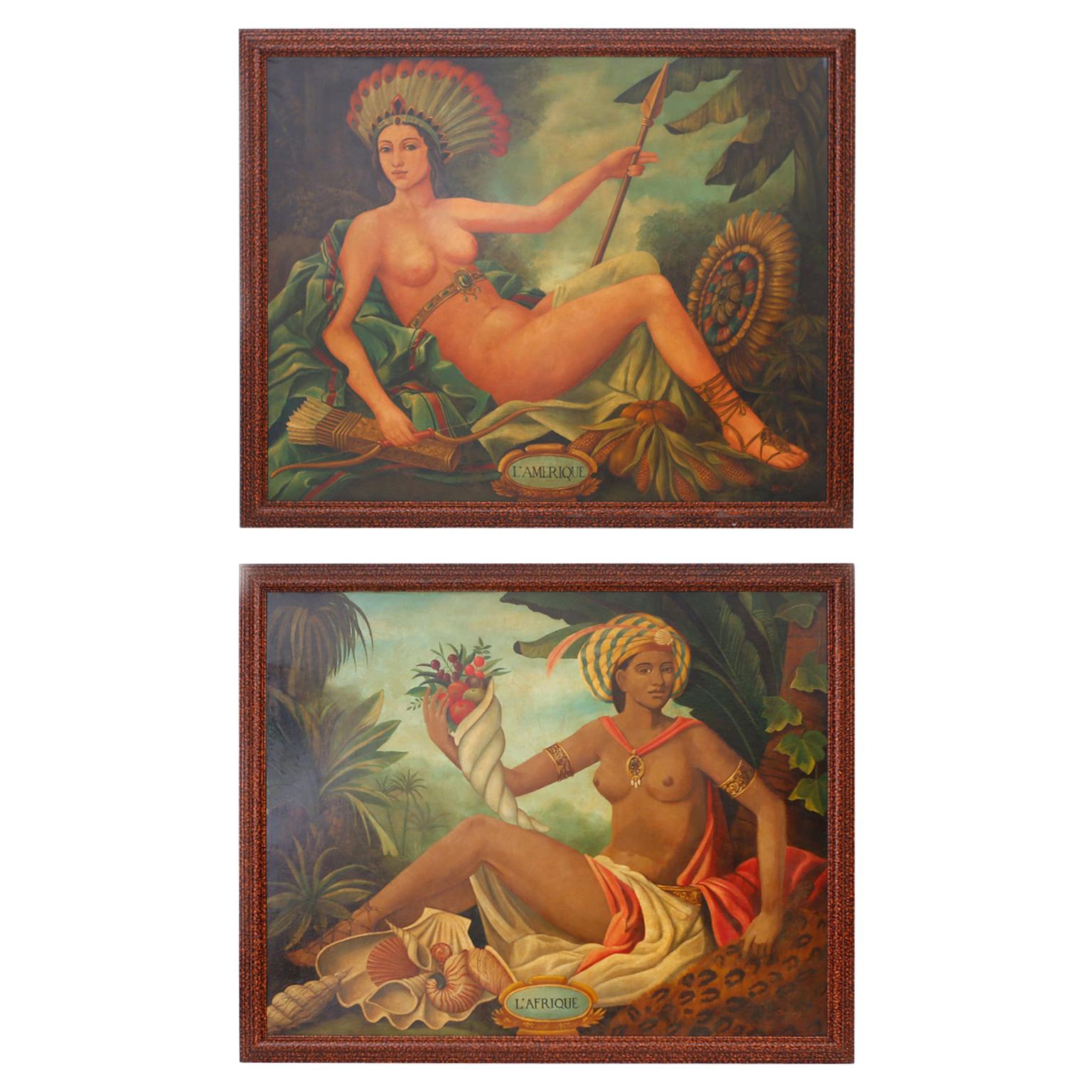 Pair of Oil Paintings of the Beauties L'Amerique and L'Afrique by Skilling