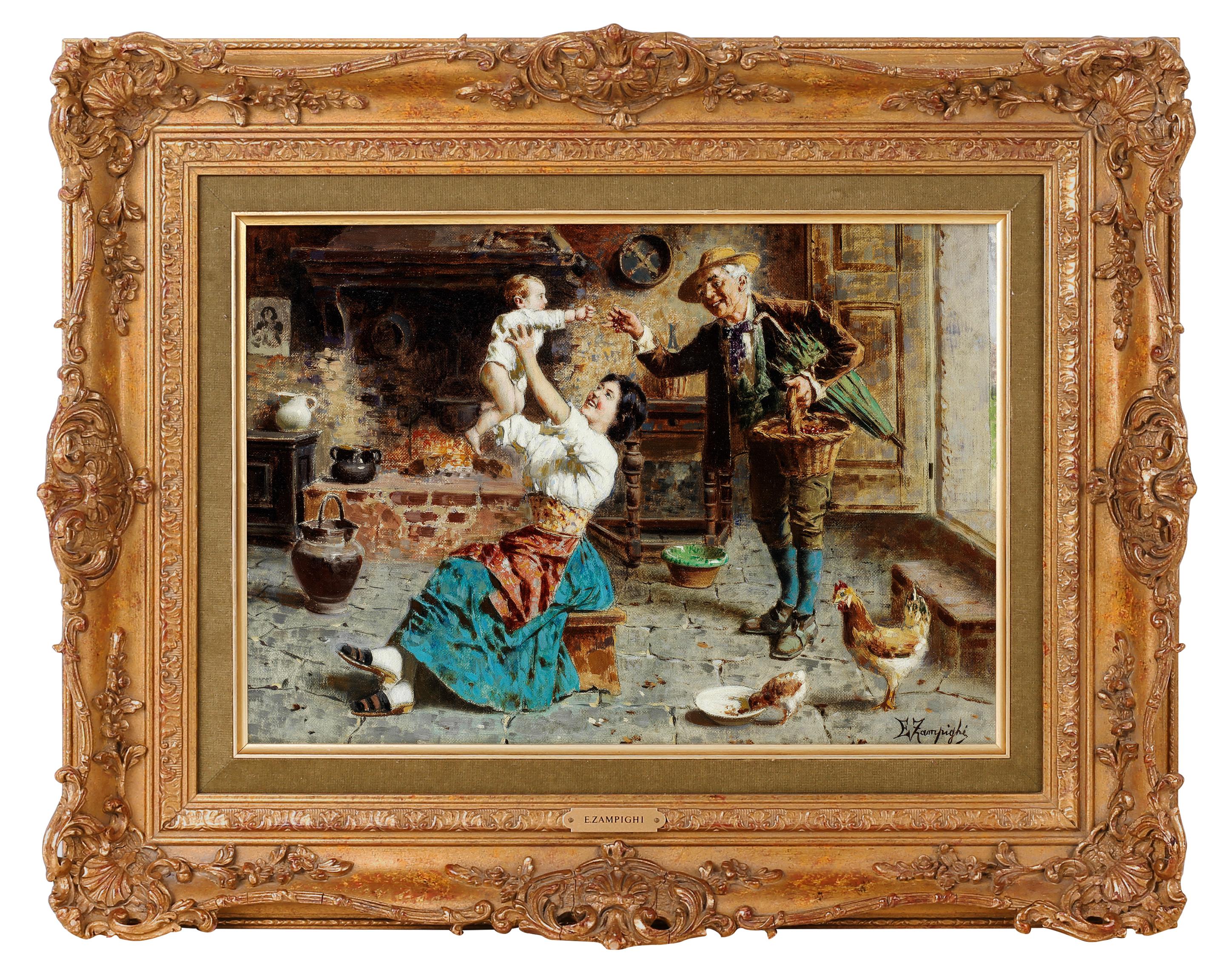 Beautiful pair of oil paintings on canvas. Works by the renowned artist Eugenio Edoardo Zampighi.

Truly rare paintings to find on the market due to their quality, number of characters, and paired execution.

The paintings depict idyllic