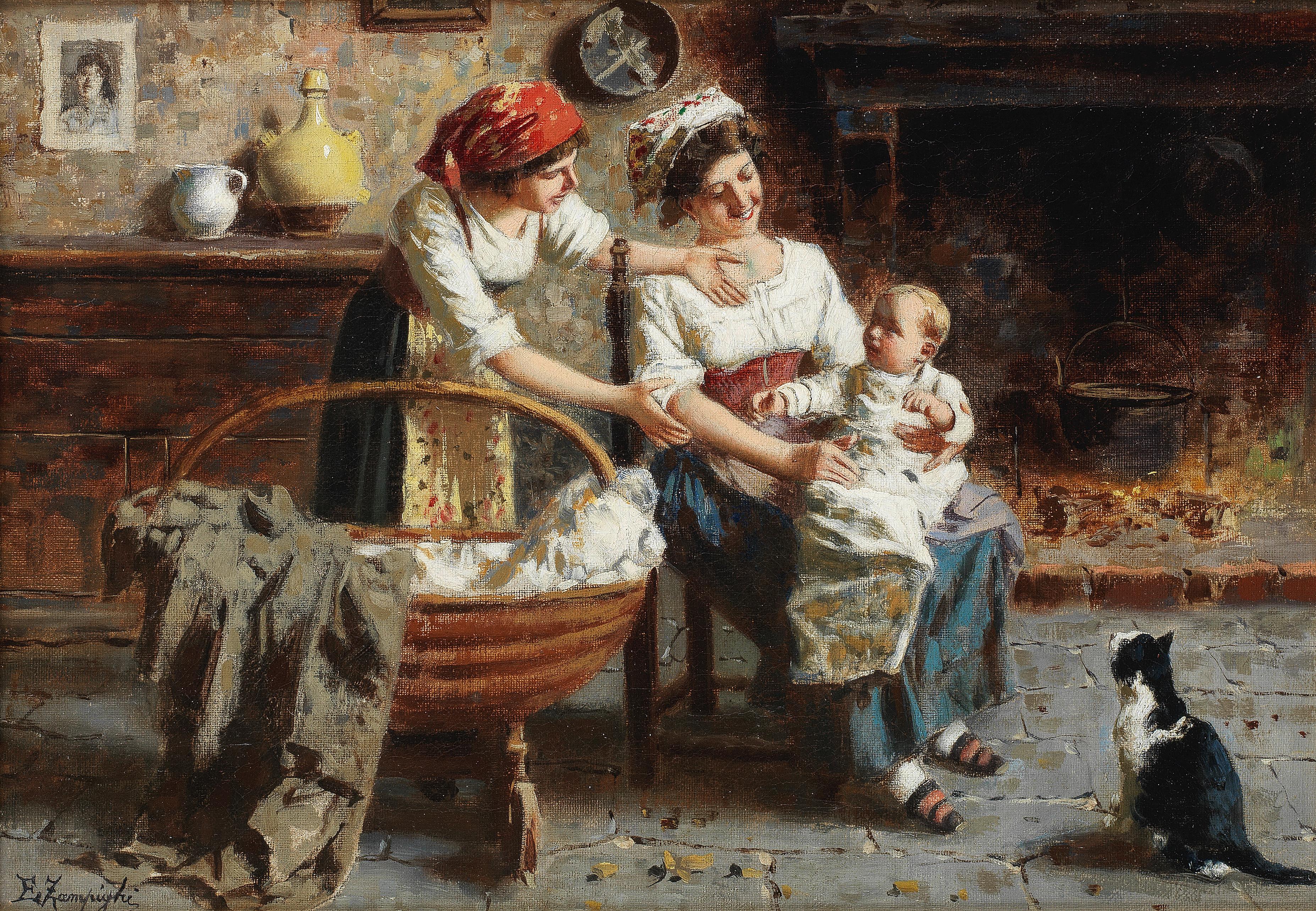 Toile Paire de peintures à l'huile sur toile. E. Zampighi (Modène, 1859 - 1944) en vente