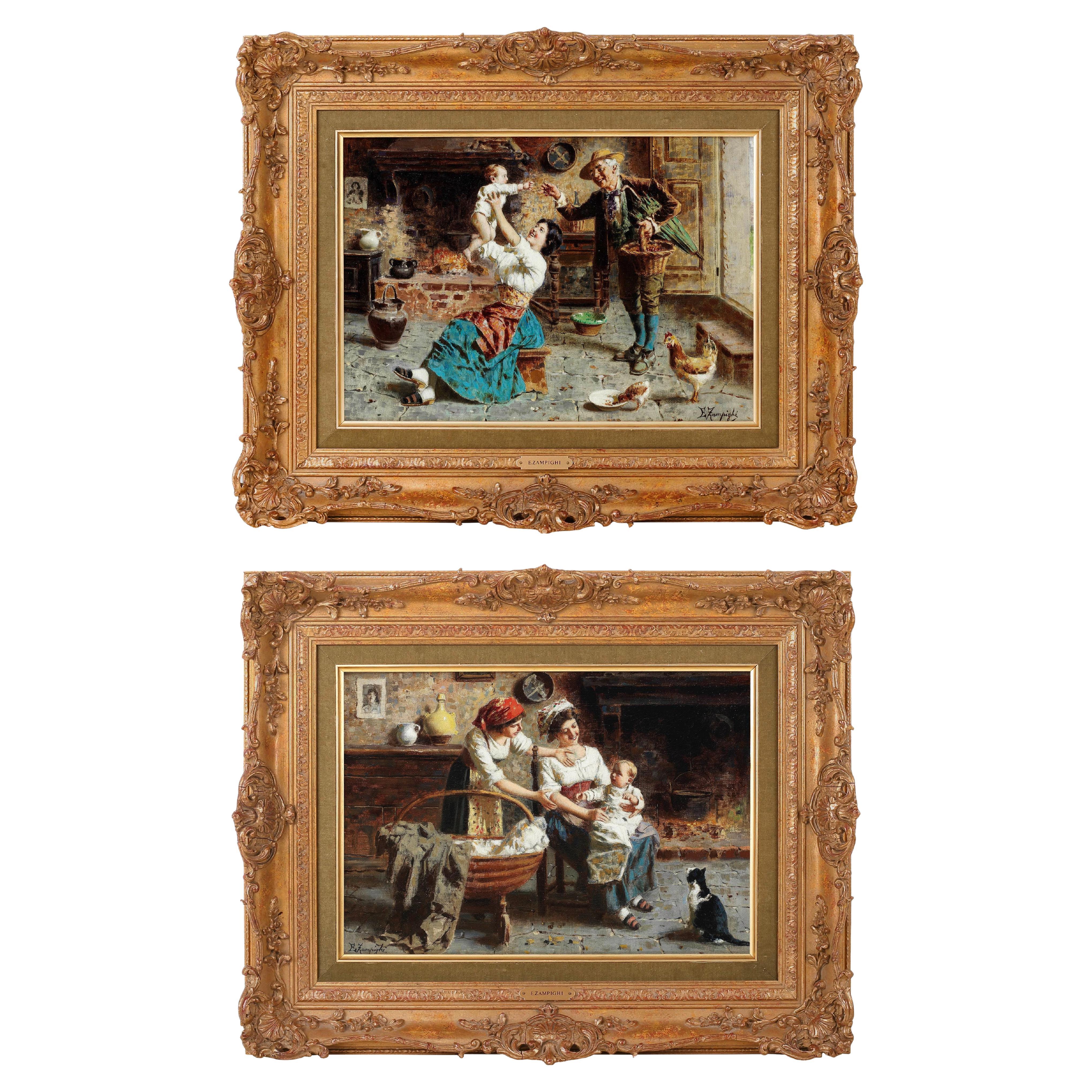 Coppia di dipinti a olio su tela. E. Zampighi (Modena, 1859 - 1944) in vendita
