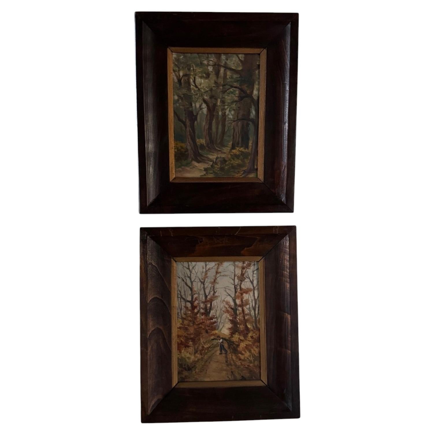 Pair of oil paintings on panel depicting woodland scenes in Haute-Marne For Sale